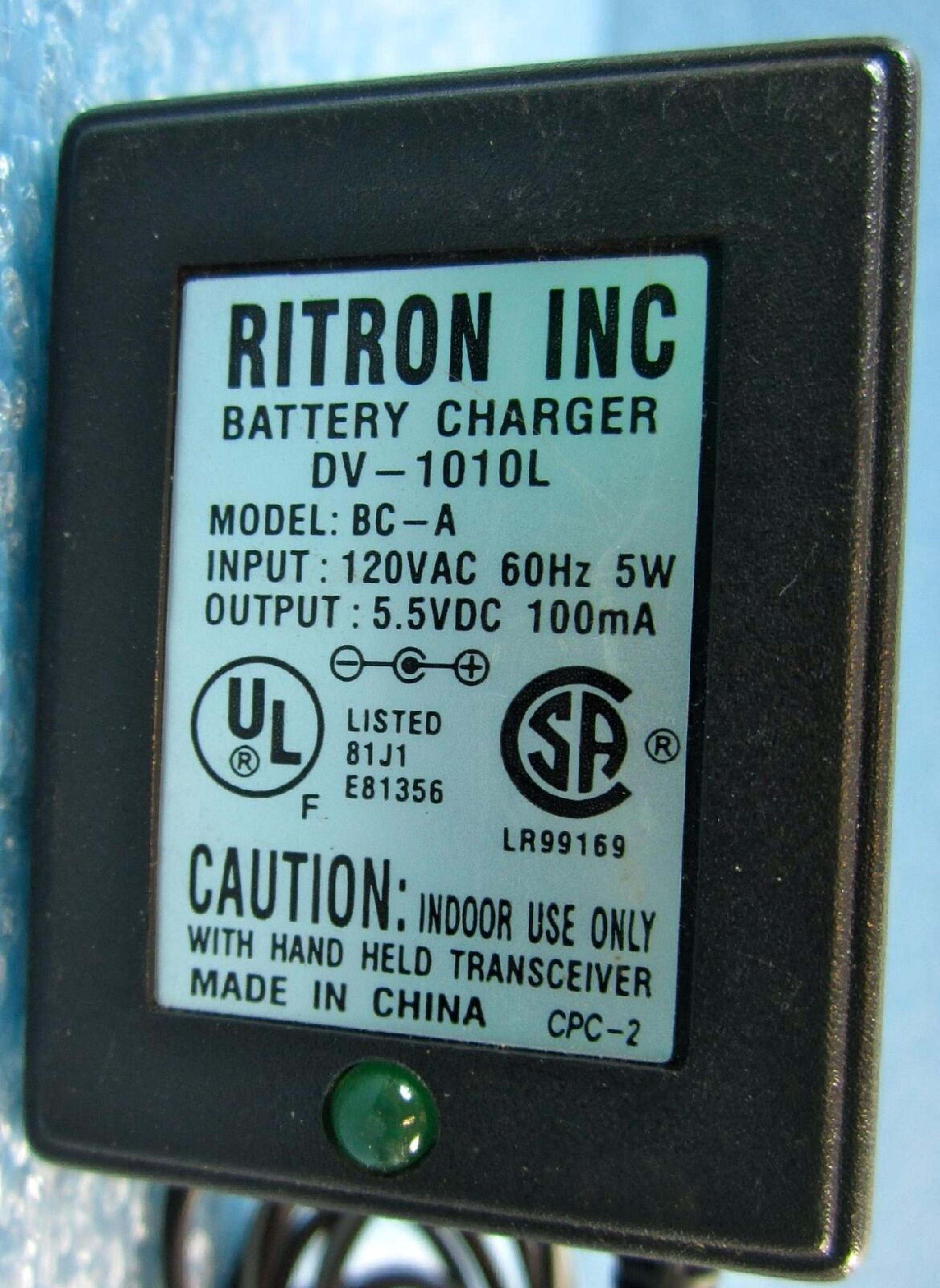 RITRON DV-1010L AC ADAPTER 5.5VDC 100MA, 6FT CABLE WITH 2.4MM STEREO PLUG, WALL STYLE