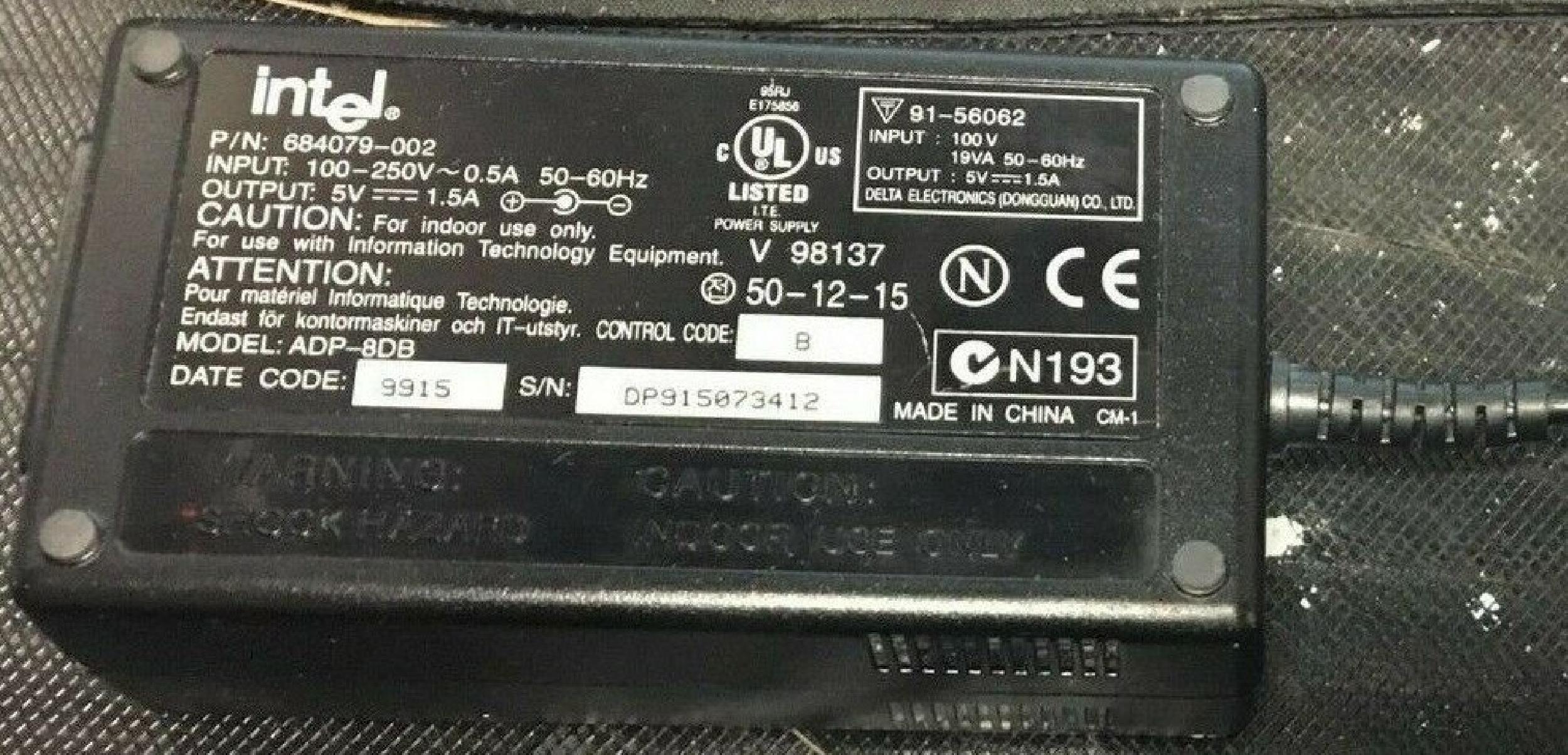 INTEL 684079-002 AC ADAPTER 5VDC 1.5A , 6FT CABLE WITH BARREL WITH SPIKE CONNECTOR, OD:5.0MM, ID:3.4MM, DESKTOP STYLE, NEGATIVE OUTSIDE POLE