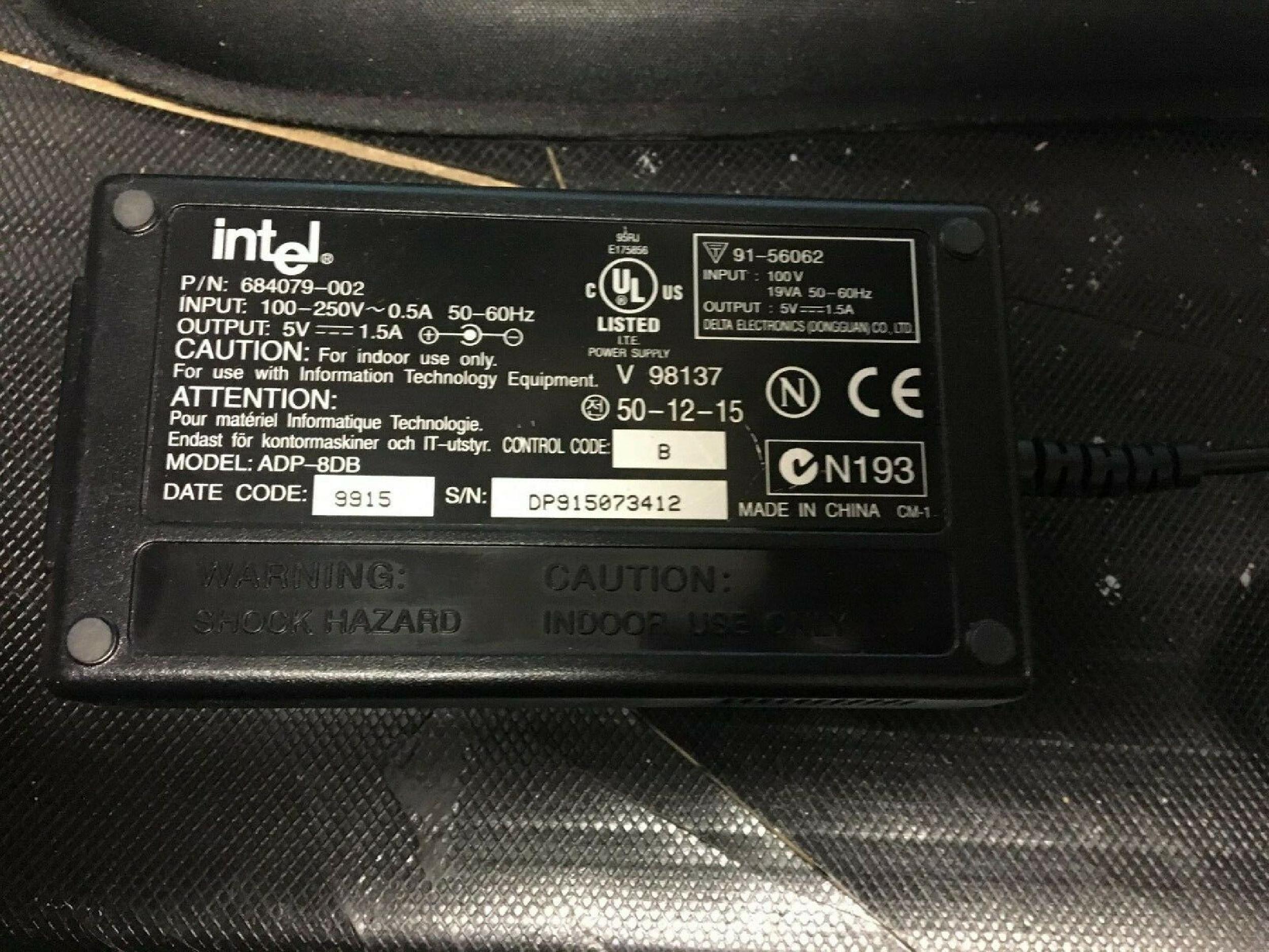 INTEL 684079-002 AC ADAPTER 5VDC 1.5A , 6FT CABLE WITH BARREL WITH SPIKE CONNECTOR, OD:5.0MM, ID:3.4MM, DESKTOP STYLE, NEGATIVE OUTSIDE POLE