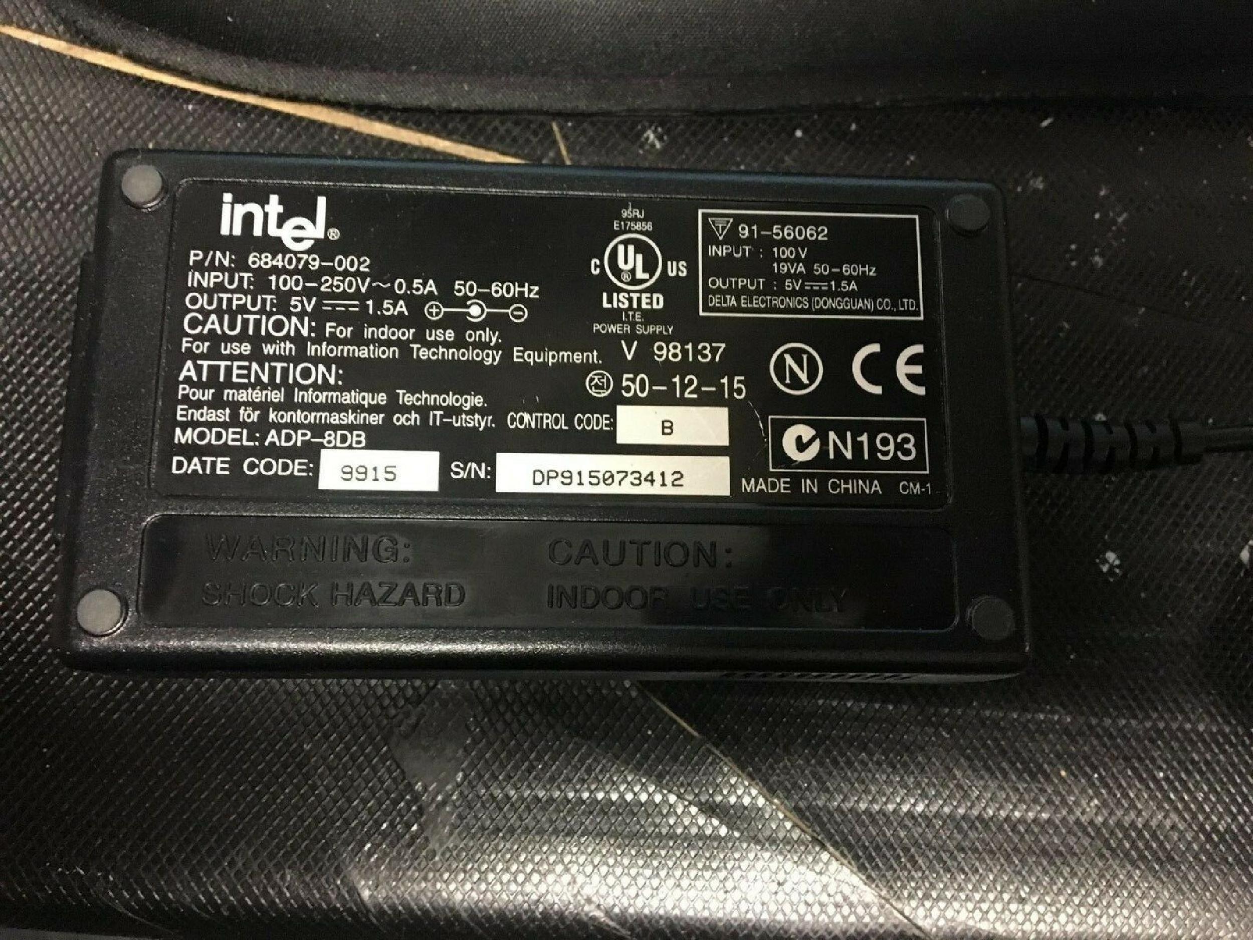 INTEL 684079-002 AC ADAPTER 5VDC 1.5A , 6FT CABLE WITH BARREL WITH SPIKE CONNECTOR, OD:5.0MM, ID:3.4MM, DESKTOP STYLE, NEGATIVE OUTSIDE POLE