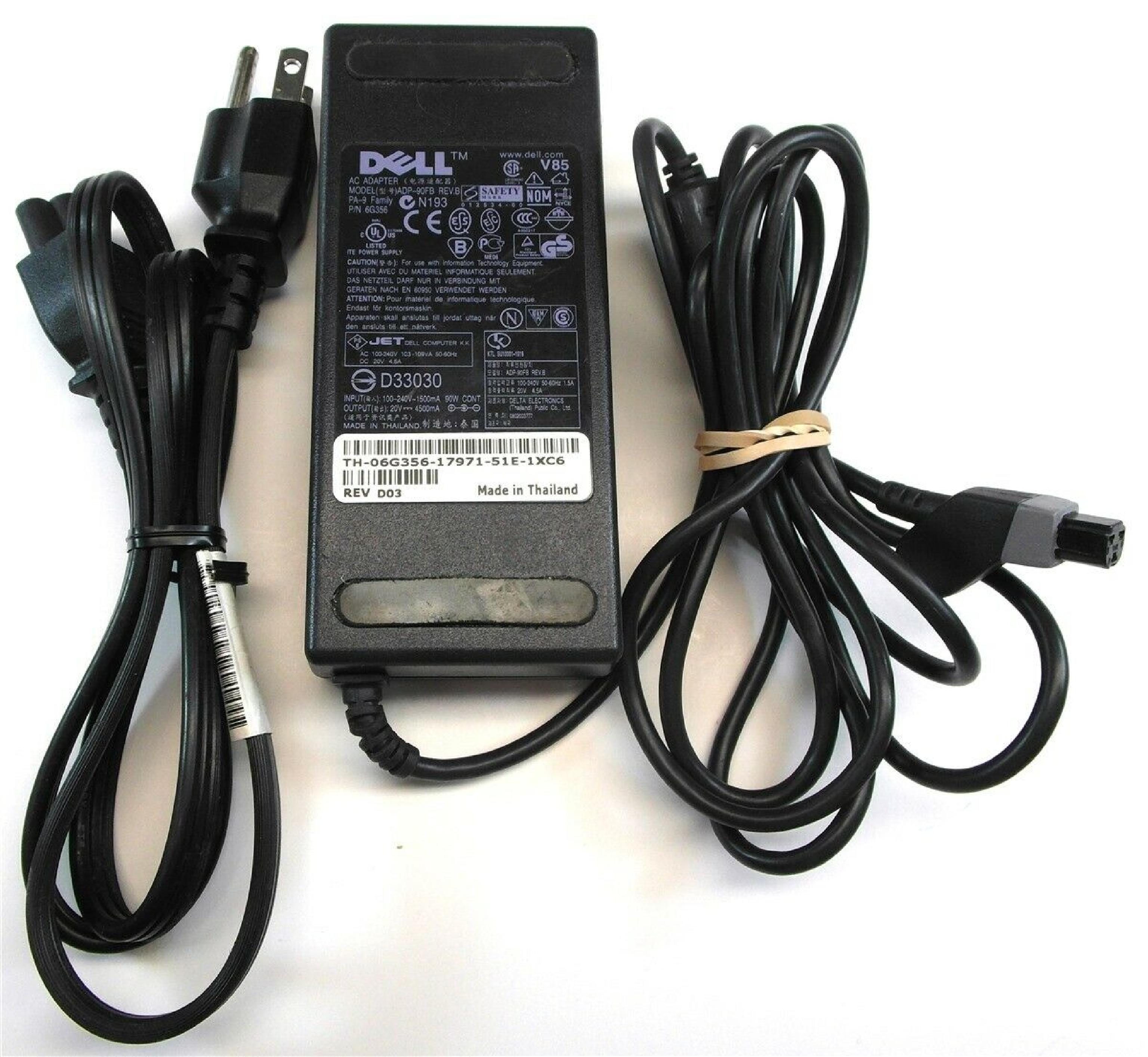 DELL ADP-90FB AC ADAPTER 20VDC 4.5A, 6FT CABLE WITH 3 PIN IN-LINE CONNECTOR, DESKTOP STYLE FEMALE