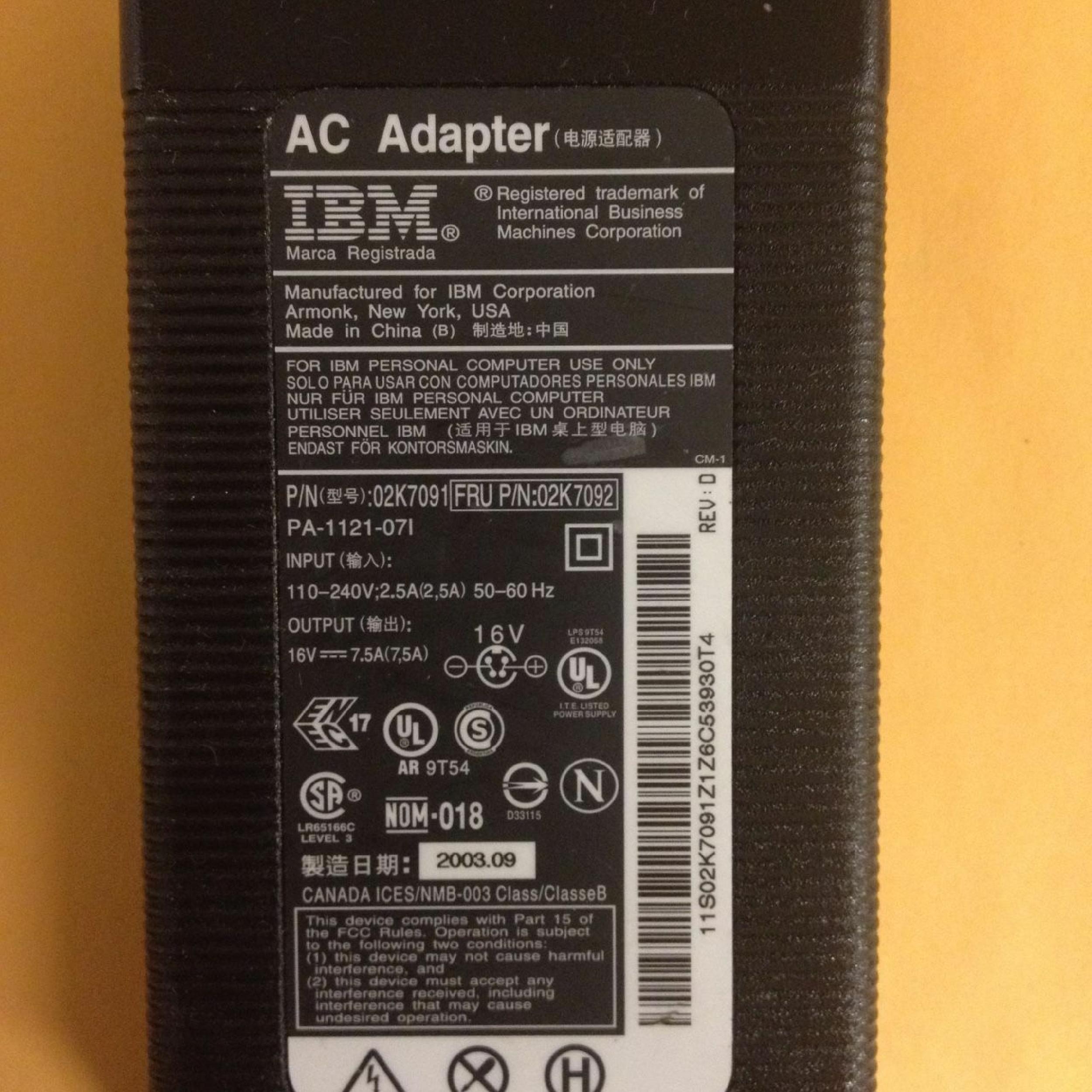 IBM 02K7092 AC ADAPTER 16VDC 7.5A, 6FT CABLE WITH 4 PIN DIN CONNECTOR, DESKTOP STYLE FEMALE 16V DC 7.5A FOR LENOVO CONNECTOR