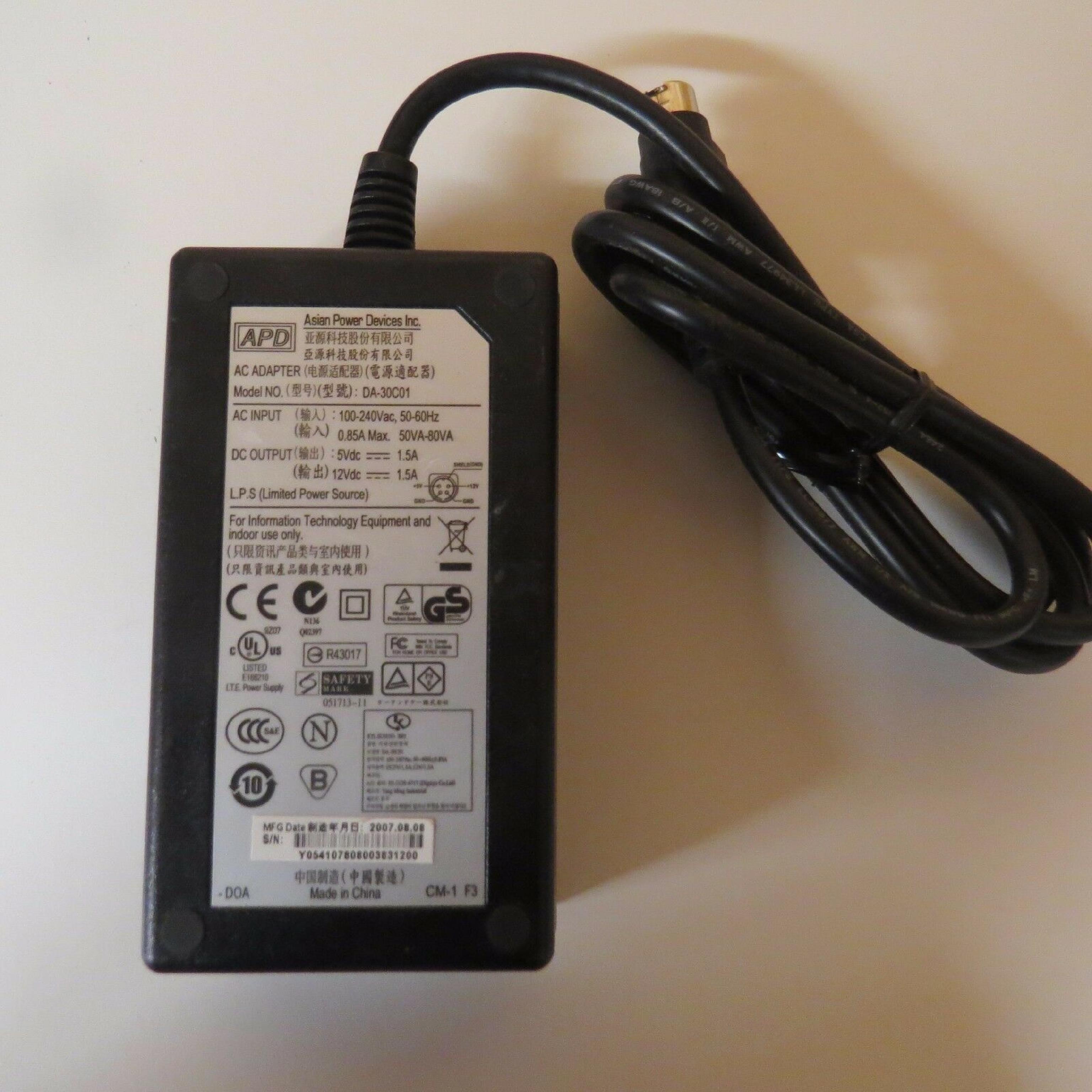 APD DA-30C01 AC ADAPTER 5VDC 1.5A, 12VDC 1.5A, 6FT CABLE WITH 4 PIN DIN CONNECTER, DESKTOP STYLE