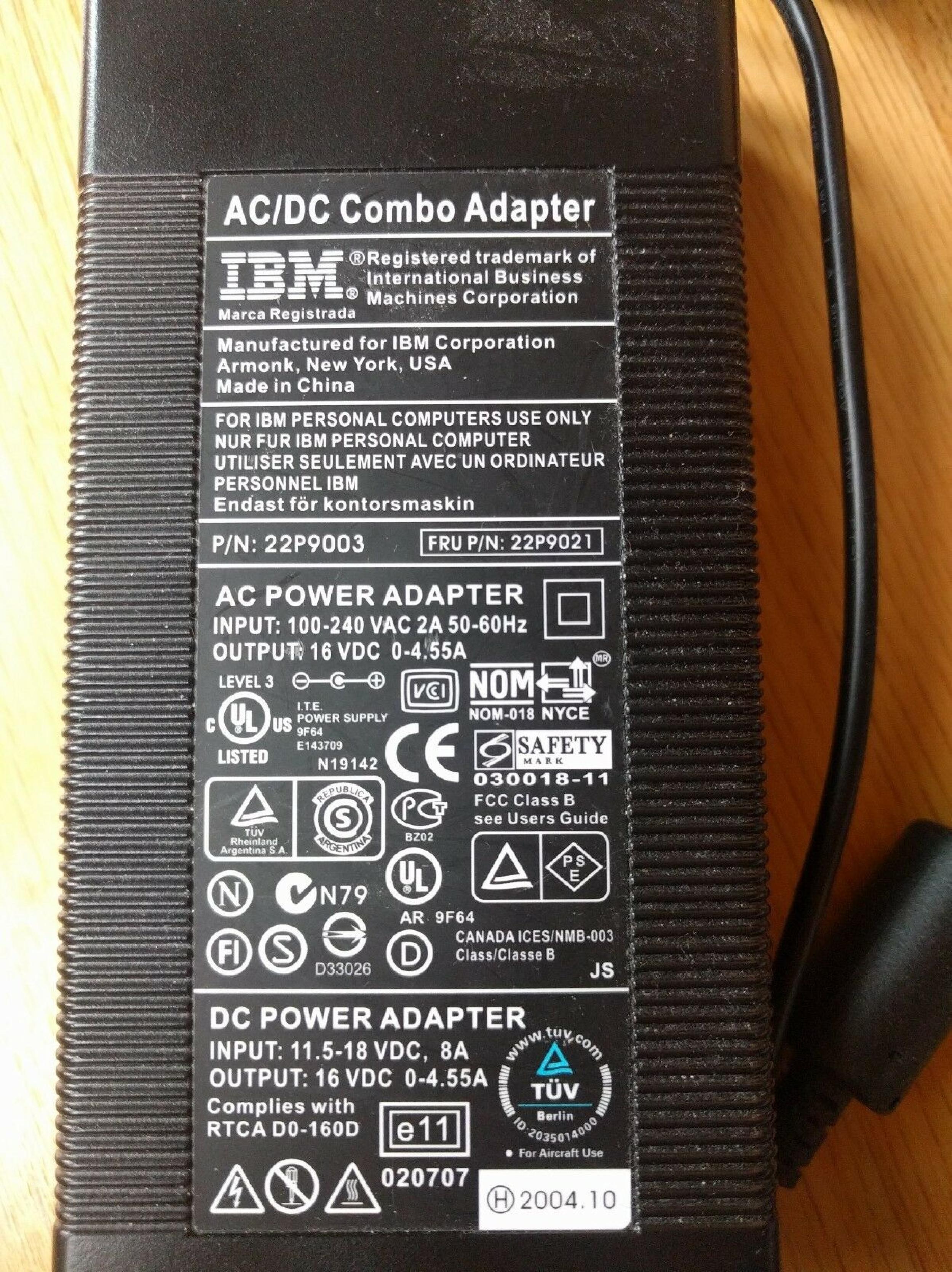 IBM 22P9003 AC ADAPTER 16VDC 4.55A, 6FT CABLE WITH BARREL CONNECTOR, OD:5.5MM, ID:2.4MM, DESKTOP STYLE, NEGATIVE OUTSIDE POLE
