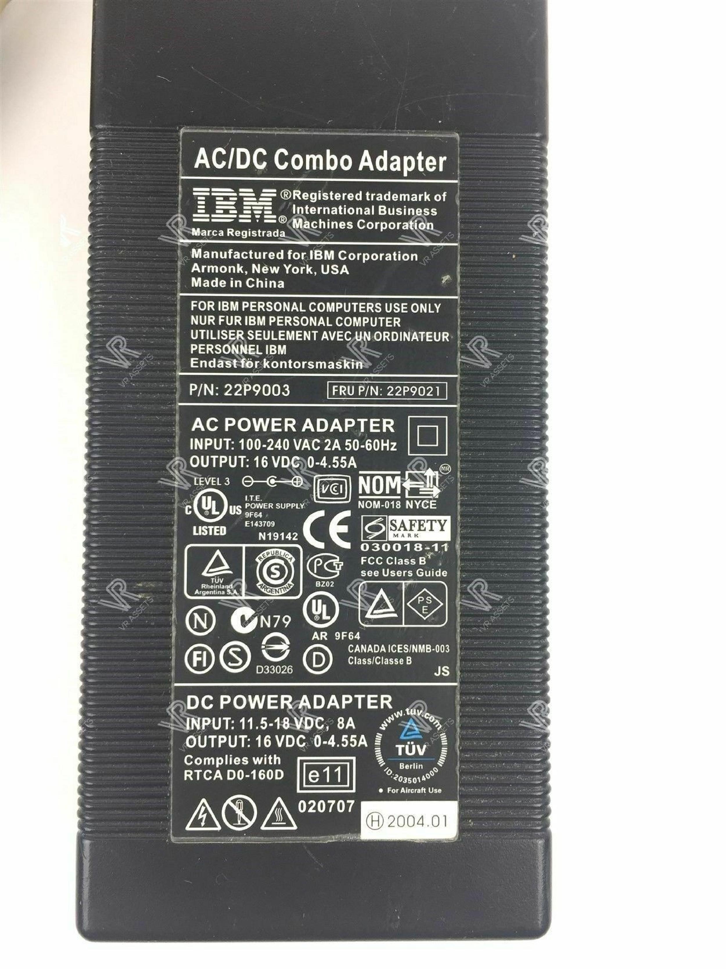 IBM 22P9003 AC ADAPTER 16VDC 4.55A, 6FT CABLE WITH BARREL CONNECTOR, OD:5.5MM, ID:2.4MM, DESKTOP STYLE, NEGATIVE OUTSIDE POLE