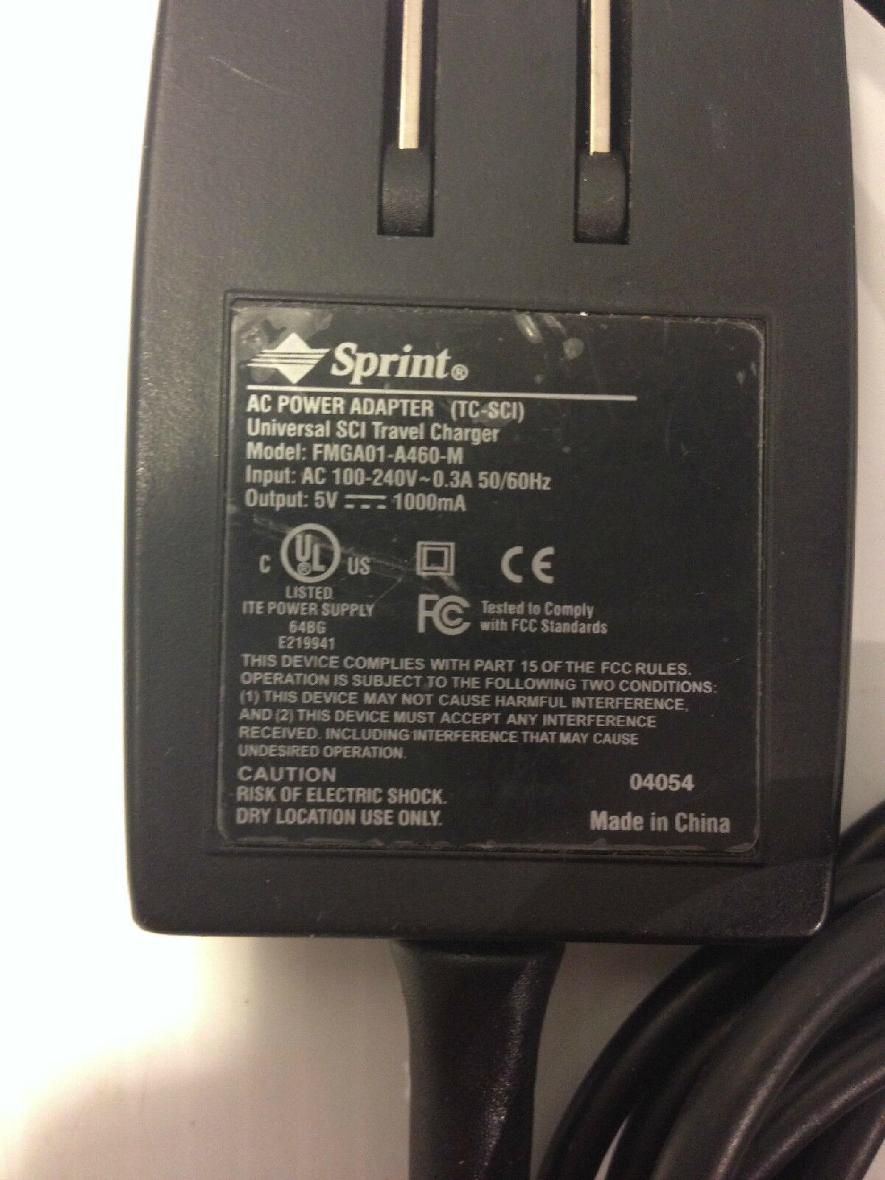 SPRINT FMGA01-A460-M AC ADAPTER 5VDC 1000MA, 6FT CABLE WITH BARREL CONNECTOR, OD:2.8MM, ID:0.7MM, WALL STYLE,