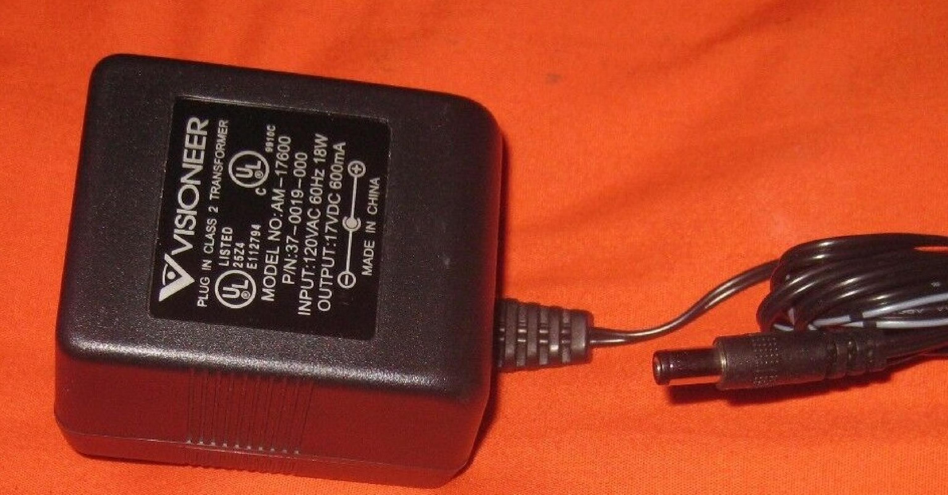 VISIONEER AM-17600 AC ADAPTER 17VDC 600MA, 6FT CABLE WITH BARREL CONNECTOR, OD:5.3MM, ID:2.0MM, WALL STYLE, NEGATIVE POLE OUTSIDE