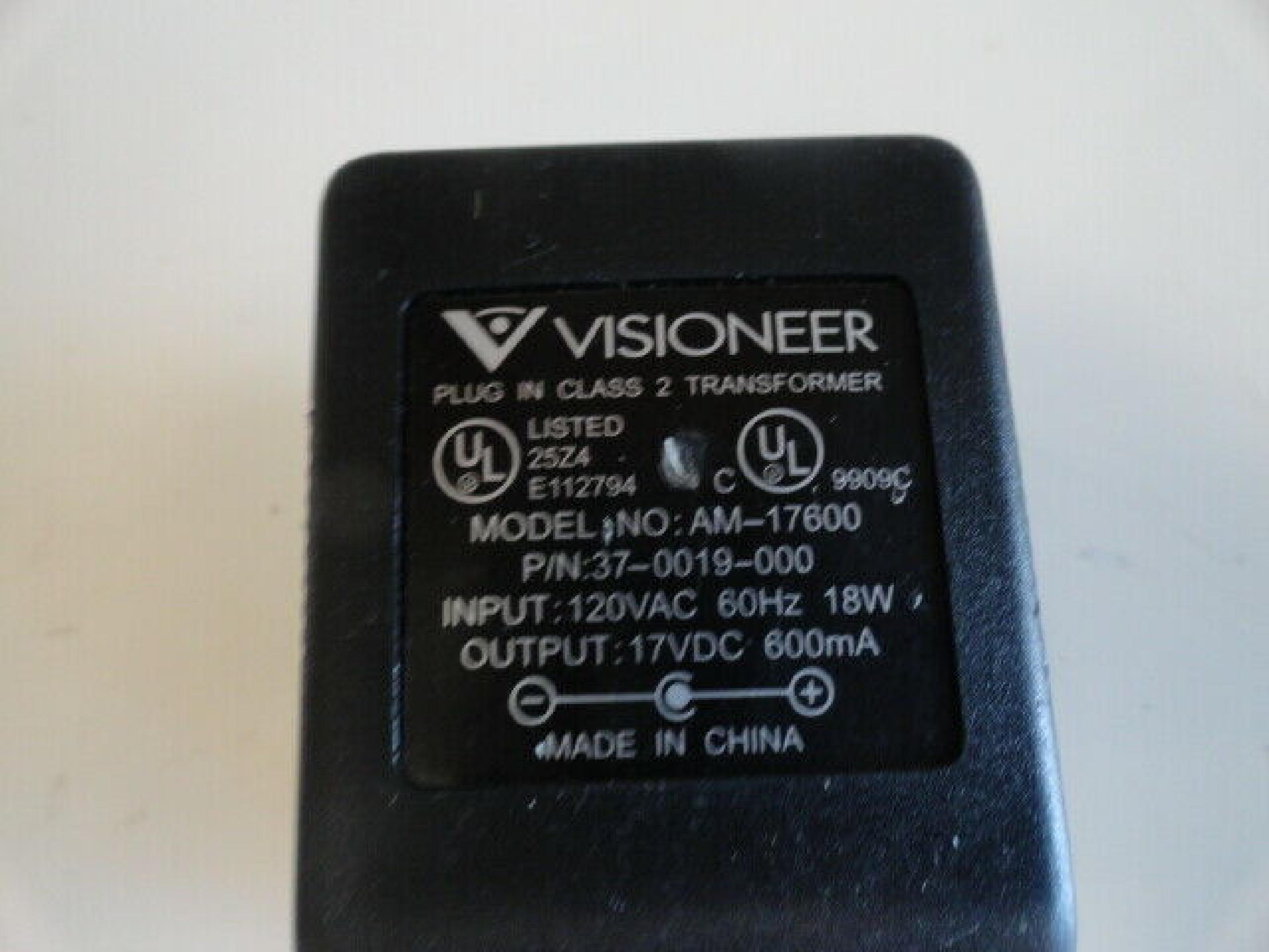 VISIONEER AM-17600 AC ADAPTER 17VDC 600MA, 6FT CABLE WITH BARREL CONNECTOR, OD:5.3MM, ID:2.0MM, WALL STYLE, NEGATIVE POLE OUTSIDE