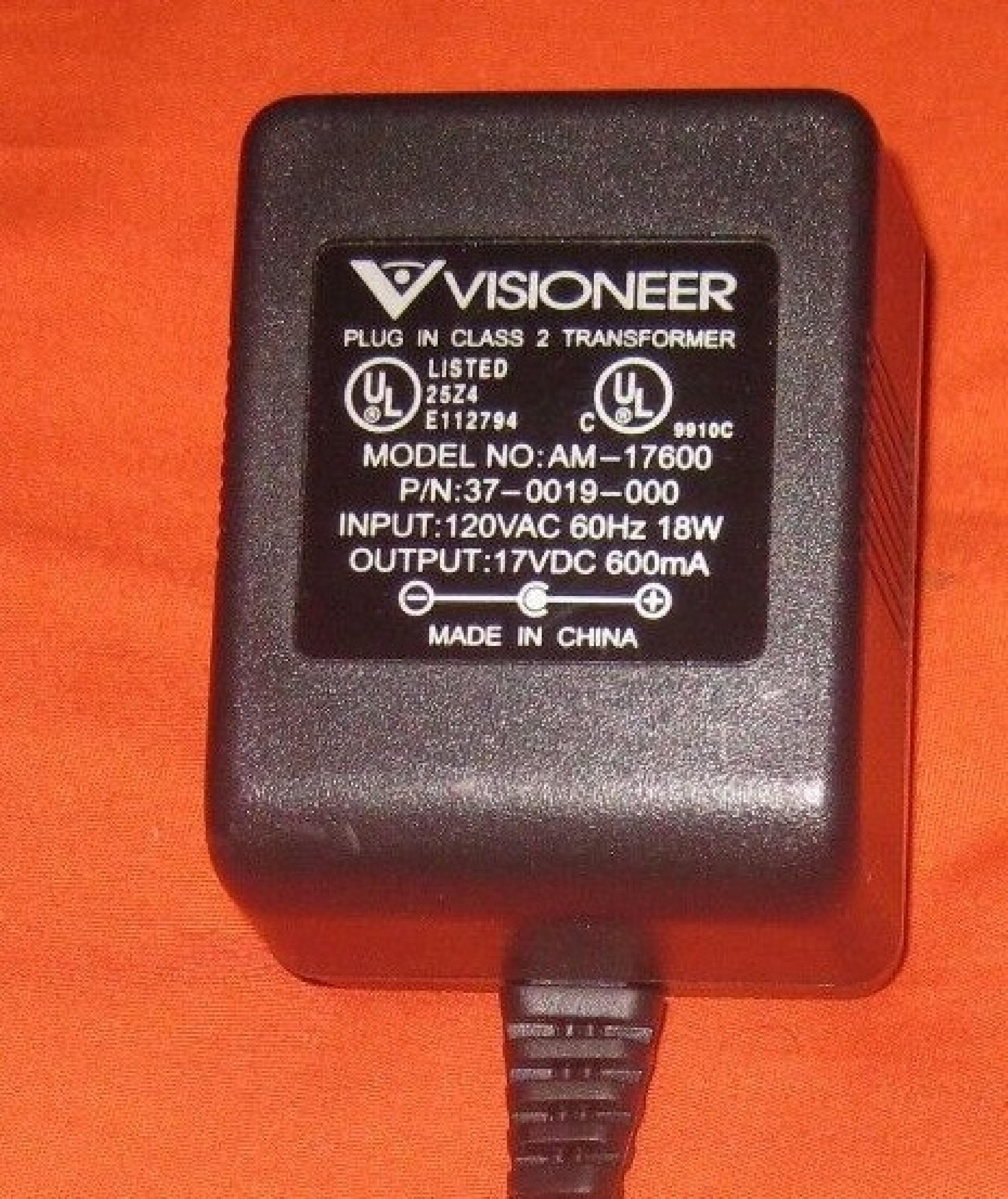 VISIONEER AM-17600 AC ADAPTER 17VDC 600MA, 6FT CABLE WITH BARREL CONNECTOR, OD:5.3MM, ID:2.0MM, WALL STYLE, NEGATIVE POLE OUTSIDE