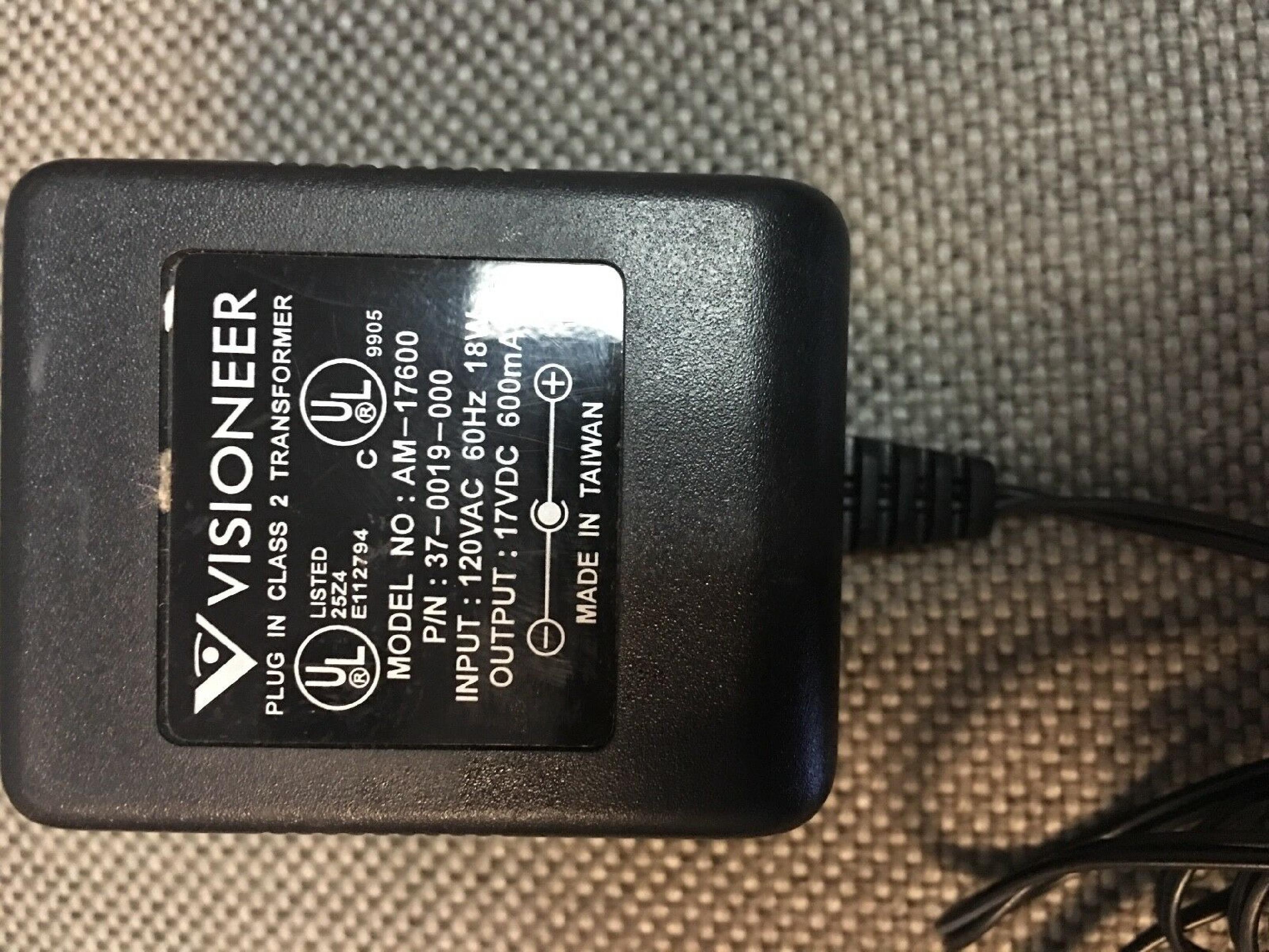 VISIONEER AM-17600 AC ADAPTER 17VDC 600MA, 6FT CABLE WITH BARREL CONNECTOR, OD:5.3MM, ID:2.0MM, WALL STYLE, NEGATIVE POLE OUTSIDE