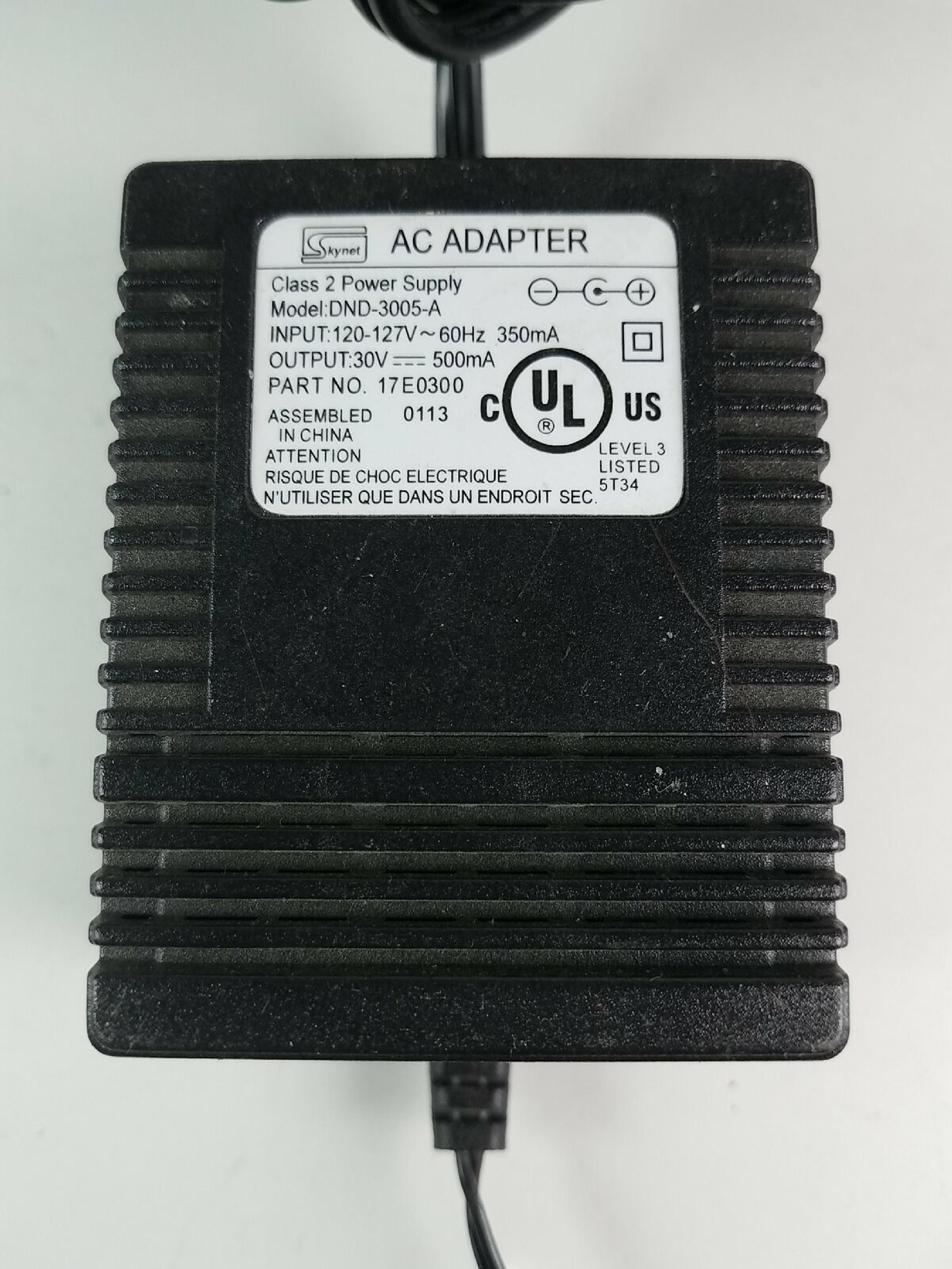 SKYNET ELECTRONICS DND-3005-A AC ADAPTER 30VDC 500MA, 6FT CABLE WITH BARREL CONNECTOR, OD:5.5MM, ID:2.4MM, DESKTOP STYLE, NEGATIVE OUTSIDE POLE