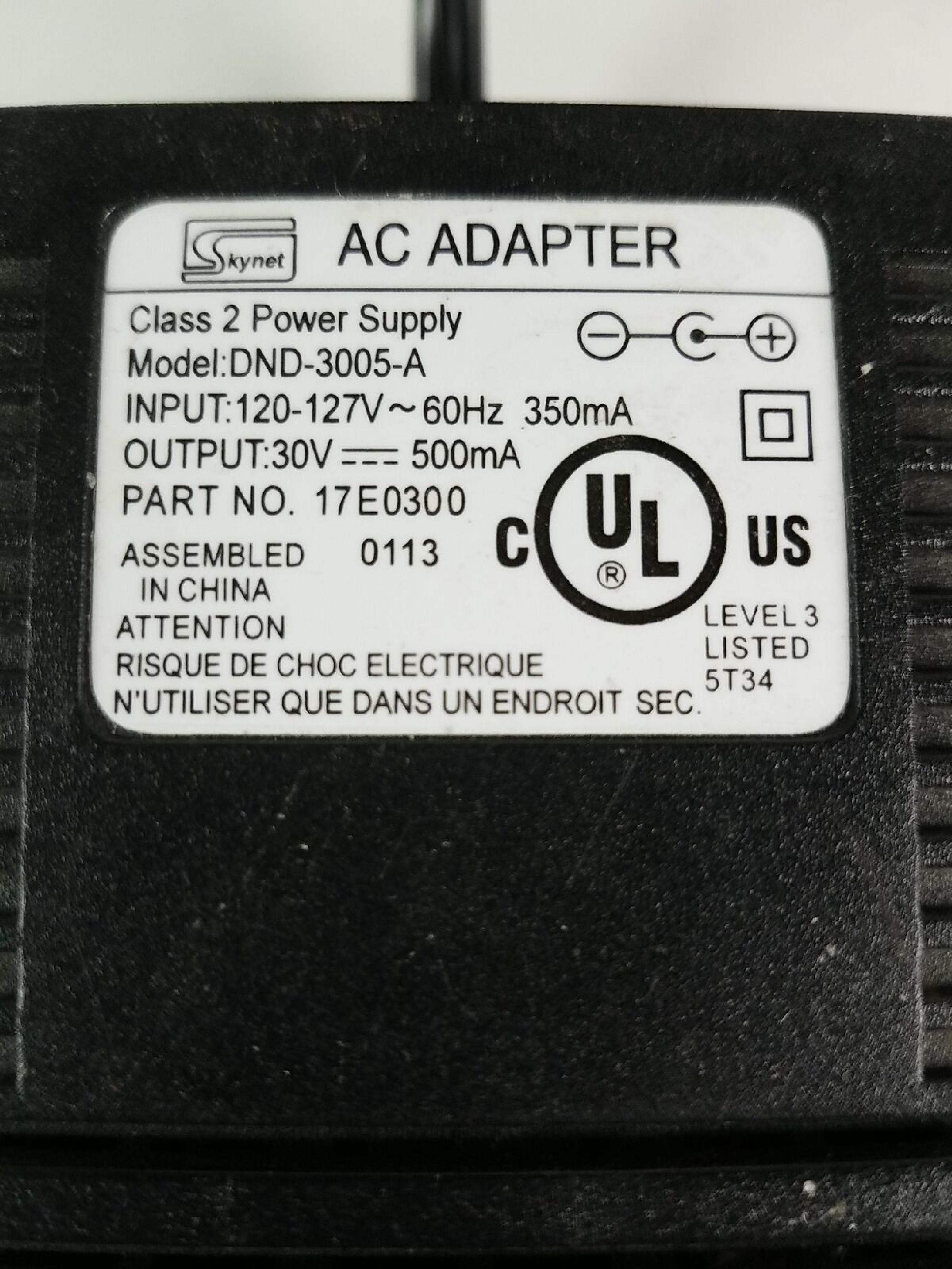 SKYNET ELECTRONICS DND-3005-A AC ADAPTER 30VDC 500MA, 6FT CABLE WITH BARREL CONNECTOR, OD:5.5MM, ID:2.4MM, DESKTOP STYLE, NEGATIVE OUTSIDE POLE