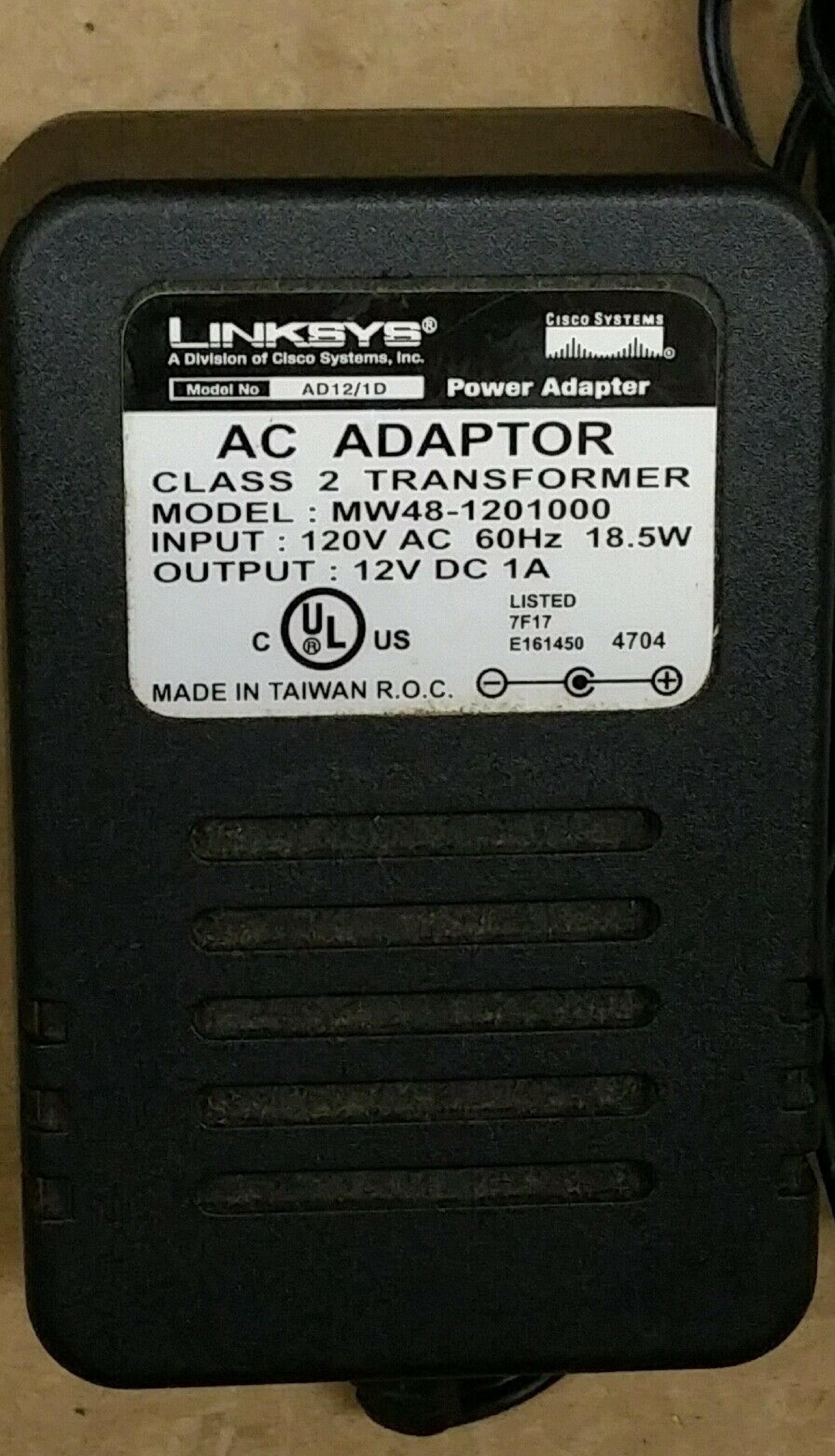 LINKSYS MW48-1201000 AC ADAPTER 12VDC 1A, 6FT CABLE WITH BARREL CONNECTOR, OD:5.5MM, ID:2.0MM, WALL STYLE, NEGATIVE OUTSIDE POLE