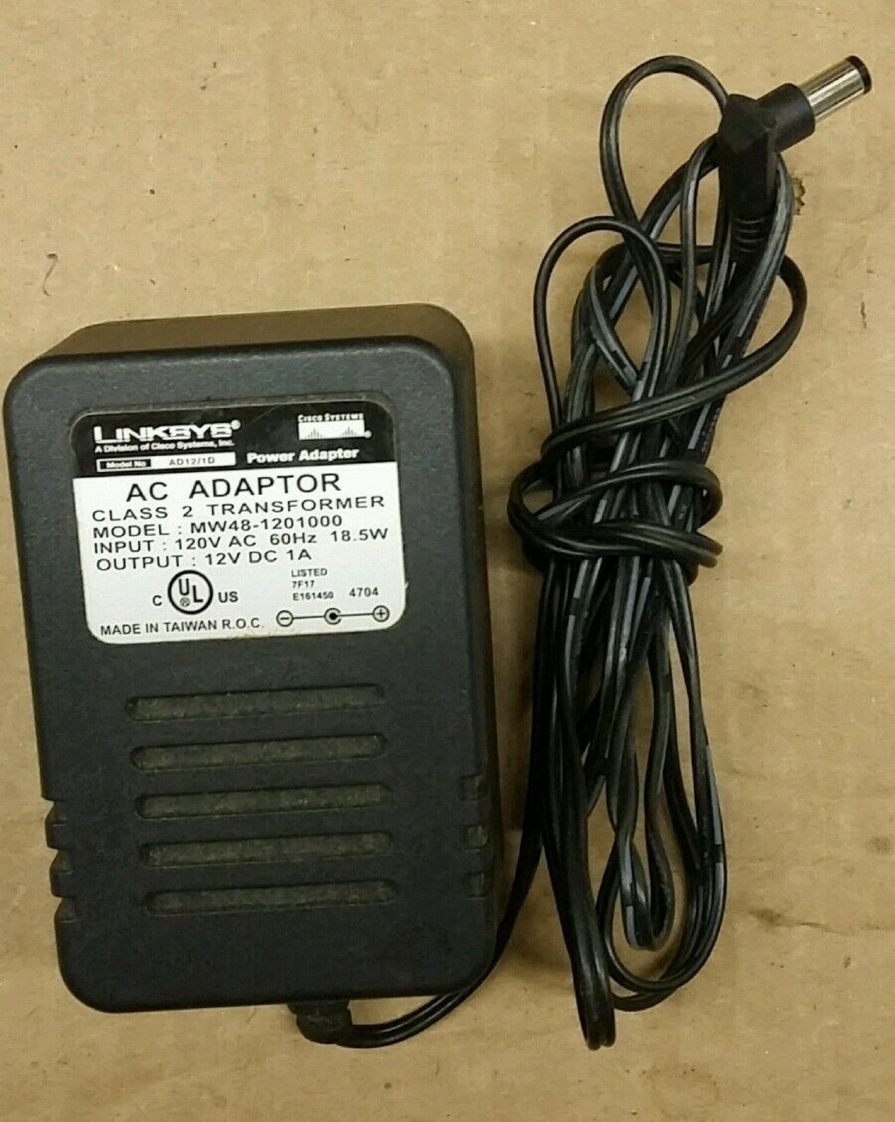 LINKSYS MW48-1201000 AC ADAPTER 12VDC 1A, 6FT CABLE WITH BARREL CONNECTOR, OD:5.5MM, ID:2.0MM, WALL STYLE, NEGATIVE OUTSIDE POLE