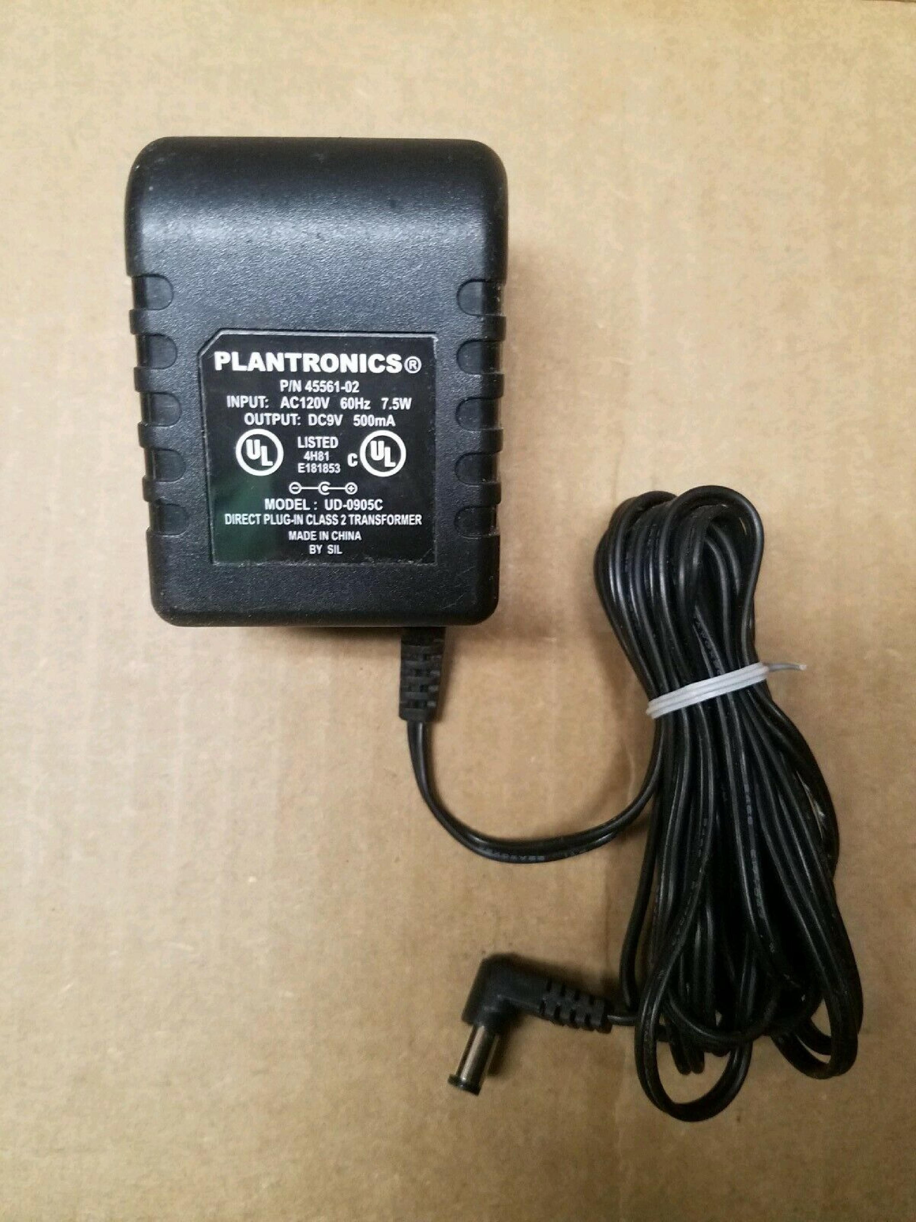 PLANTRONICS 45561-02 AC ADAPTER 9VDC 500MA, 6FT CABLE WITH BARREL CONNECTOR, OD:5.5MM, 2.0MM, WALL STYLE, NEGATIVE OUTSIDE POLE