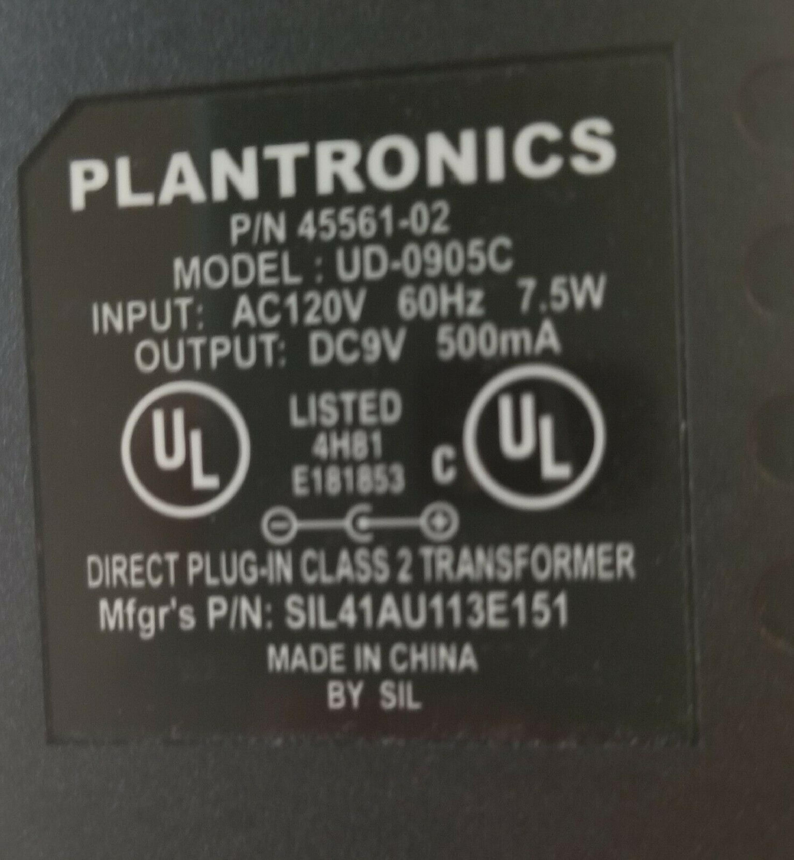 PLANTRONICS 45561-02 AC ADAPTER 9VDC 500MA, 6FT CABLE WITH BARREL CONNECTOR, OD:5.5MM, 2.0MM, WALL STYLE, NEGATIVE OUTSIDE POLE