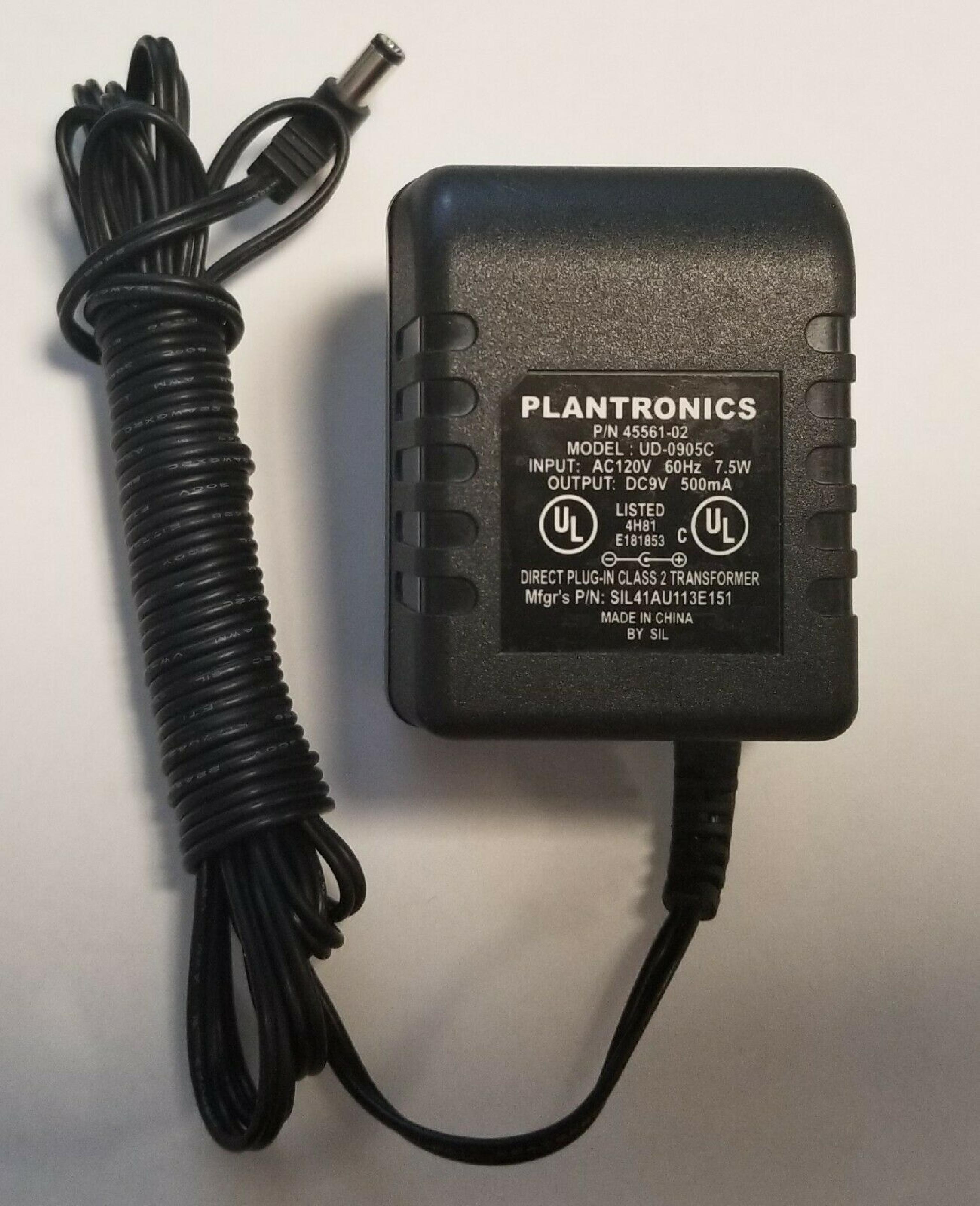 PLANTRONICS 45561-02 AC ADAPTER 9VDC 500MA, 6FT CABLE WITH BARREL CONNECTOR, OD:5.5MM, 2.0MM, WALL STYLE, NEGATIVE OUTSIDE POLE