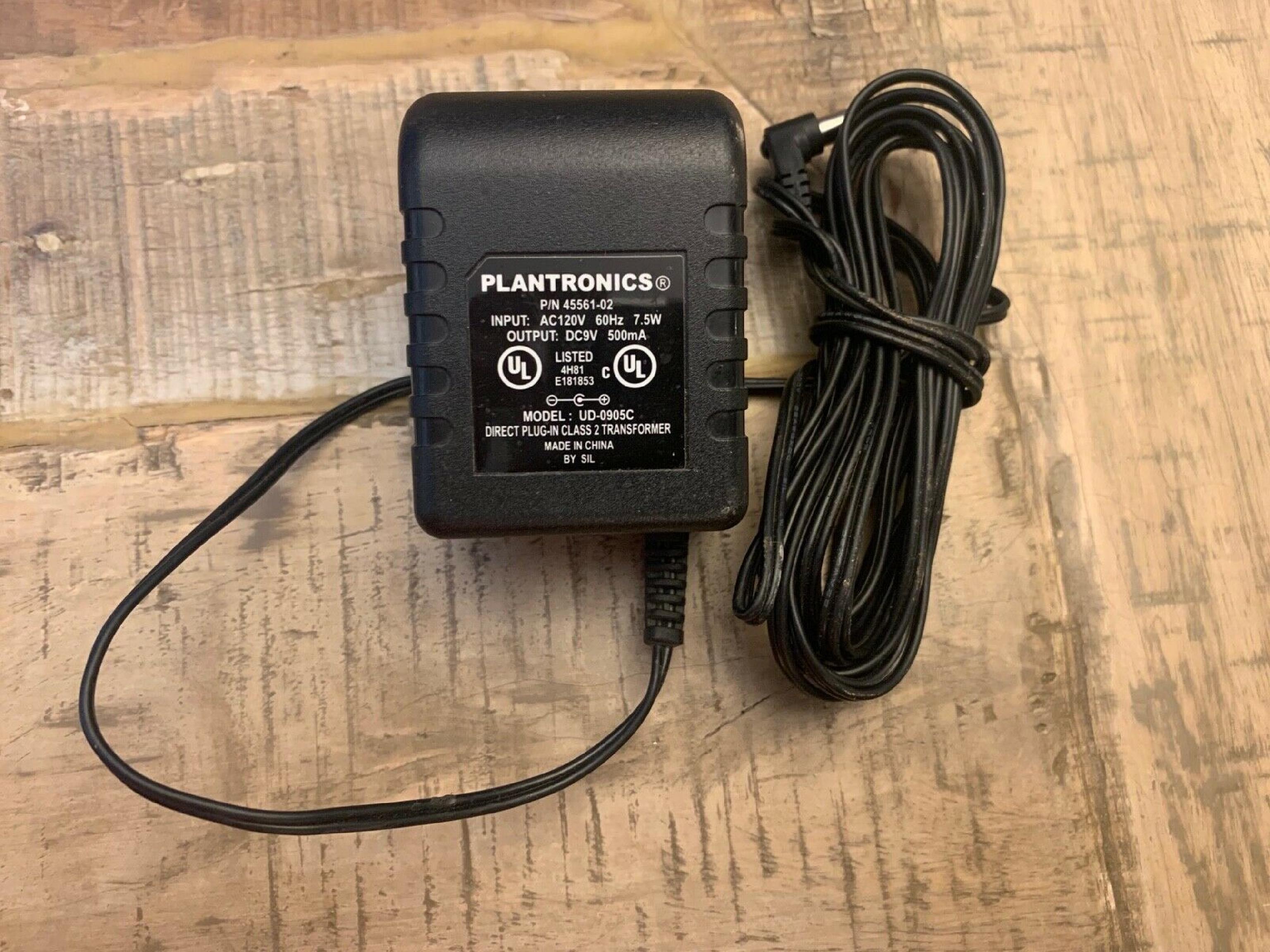 PLANTRONICS UD-0905C AC ADAPTER 9VDC 500MA, 6FT CABLE WITH BARREL CONNECTOR, OD:5.5MM, 2.0MM, WALL STYLE, NEGATIVE OUTSIDE POLE