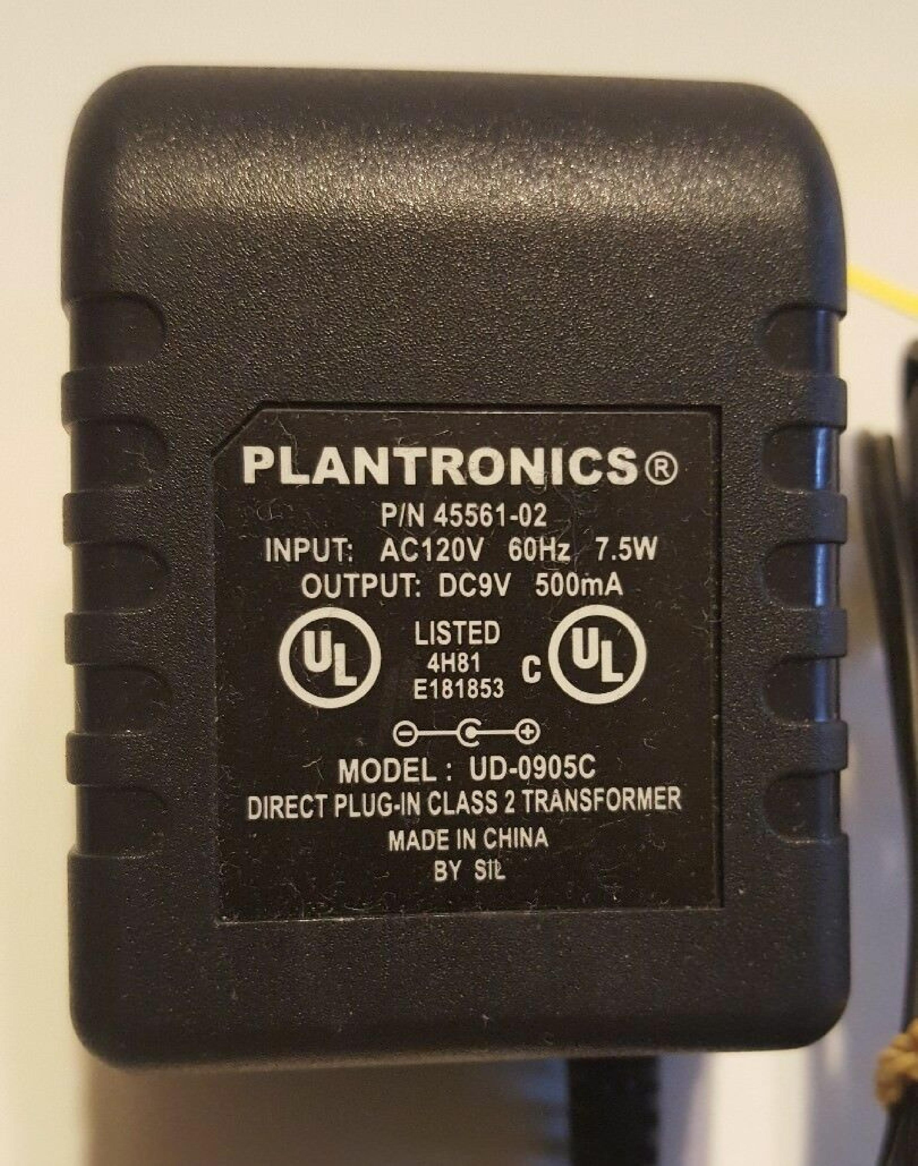 PLANTRONICS UD-0905C AC ADAPTER 9VDC 500MA, 6FT CABLE WITH BARREL CONNECTOR, OD:5.5MM, 2.0MM, WALL STYLE, NEGATIVE OUTSIDE POLE