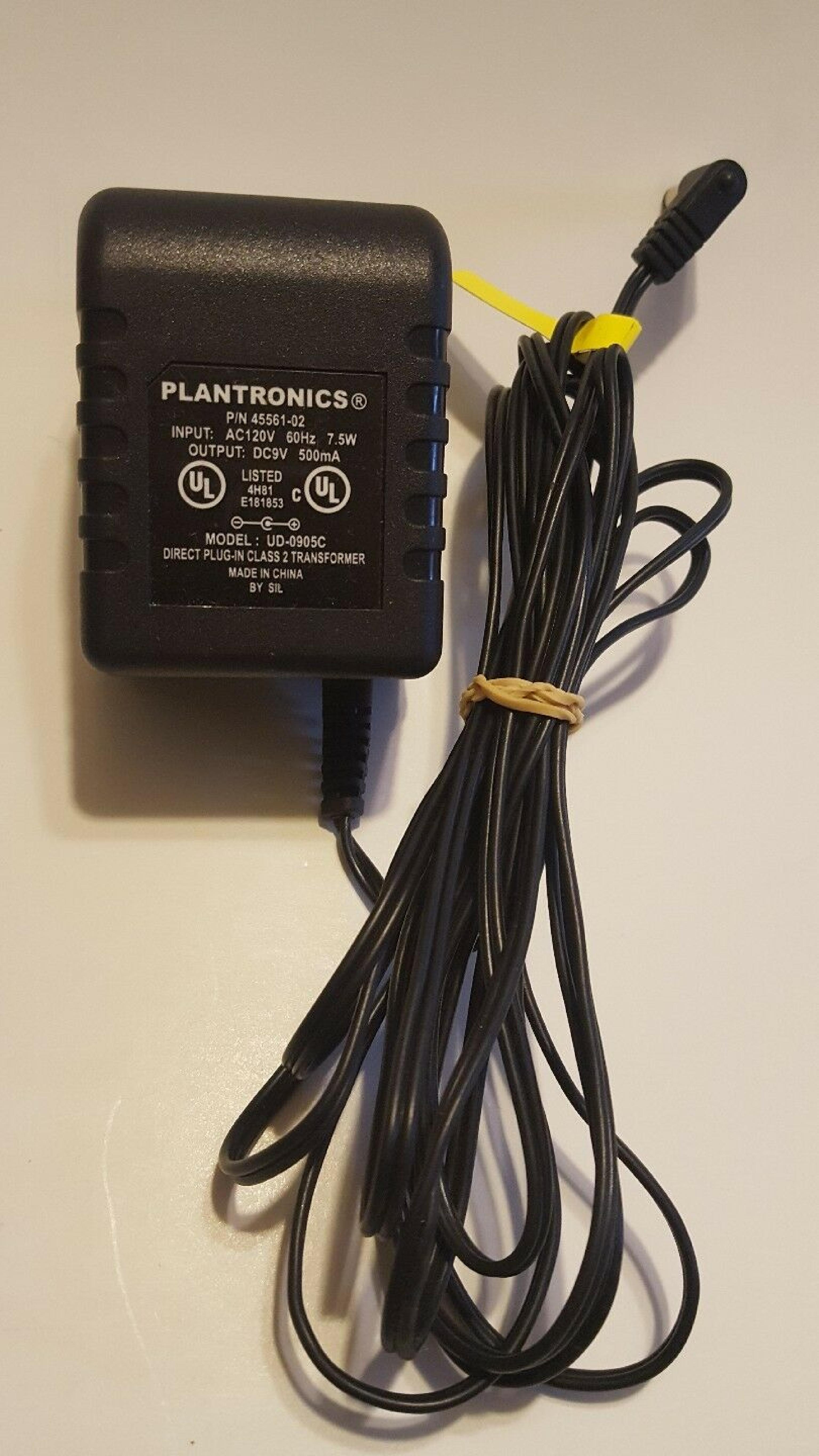 PLANTRONICS UD-0905C AC ADAPTER 9VDC 500MA, 6FT CABLE WITH BARREL CONNECTOR, OD:5.5MM, 2.0MM, WALL STYLE, NEGATIVE OUTSIDE POLE