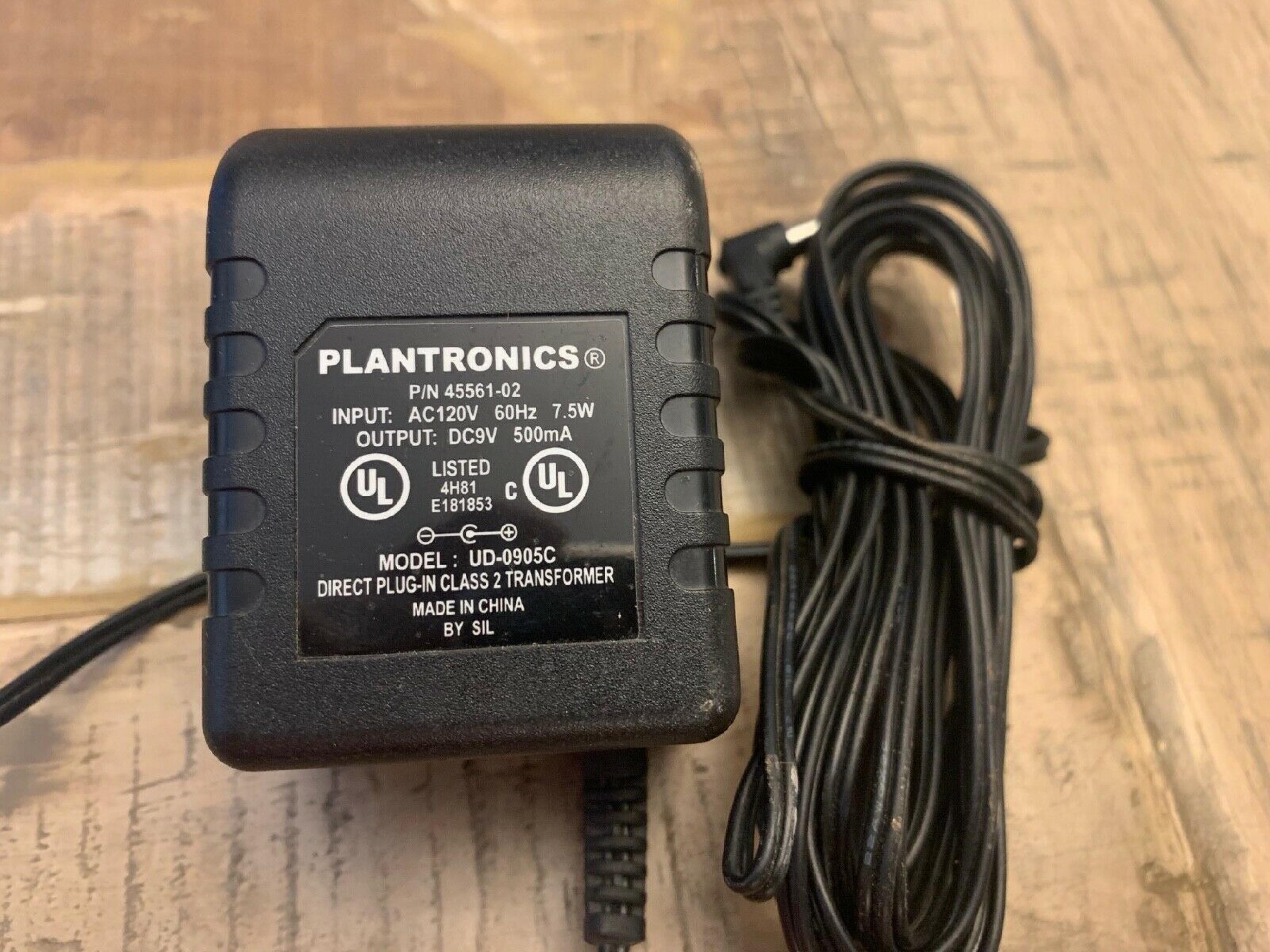 PLANTRONICS UD-0905C AC ADAPTER 9VDC 500MA, 6FT CABLE WITH BARREL CONNECTOR, OD:5.5MM, 2.0MM, WALL STYLE, NEGATIVE OUTSIDE POLE