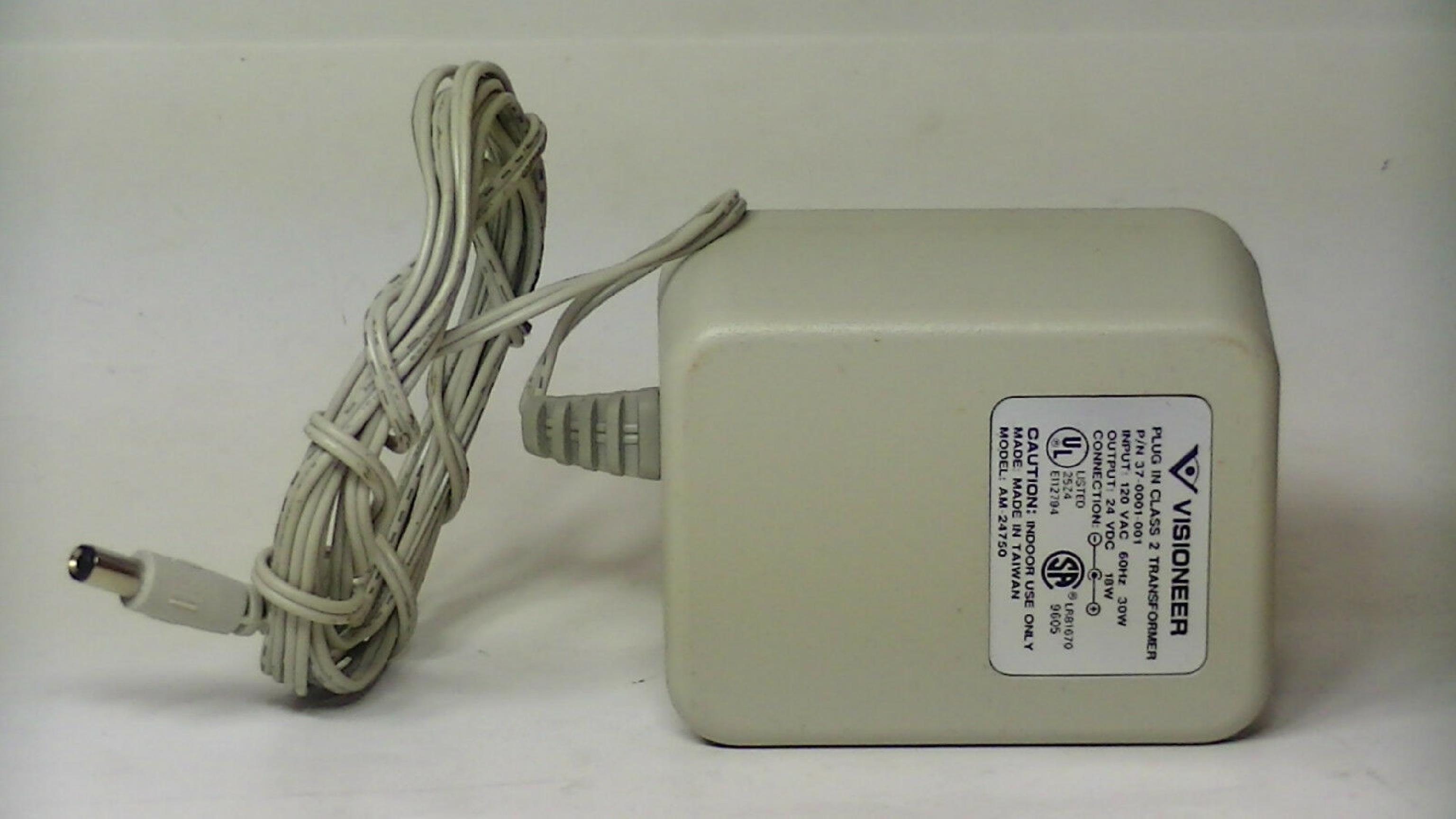 VISIONEER AM-24750 AC ADAPTER 24VDC 18W, 6FT CABLE WITH BARREL CONNECTOR, OD:5.5MM, ID:2.0MM, WALL STYLE, NEGATIVE OUTSIDE POLE