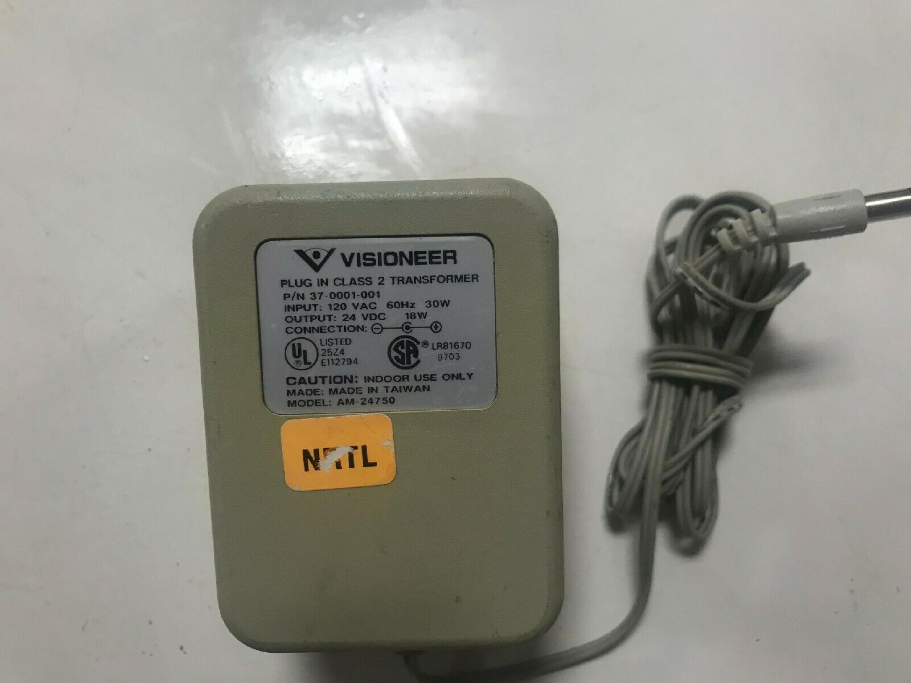 VISIONEER AM-24750 AC ADAPTER 24VDC 18W, 6FT CABLE WITH BARREL CONNECTOR, OD:5.5MM, ID:2.0MM, WALL STYLE, NEGATIVE OUTSIDE POLE