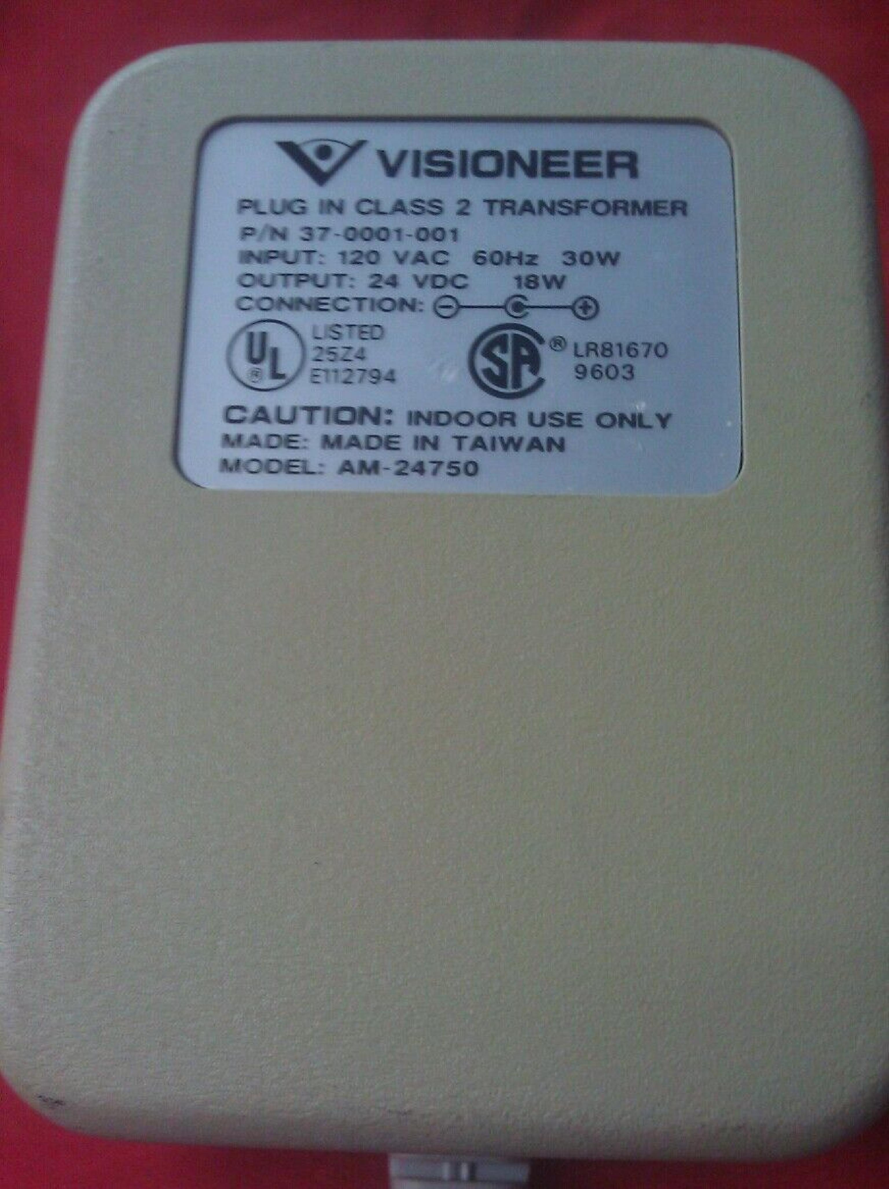 VISIONEER AM-24750 AC ADAPTER 24VDC 18W, 6FT CABLE WITH BARREL CONNECTOR, OD:5.5MM, ID:2.0MM, WALL STYLE, NEGATIVE OUTSIDE POLE