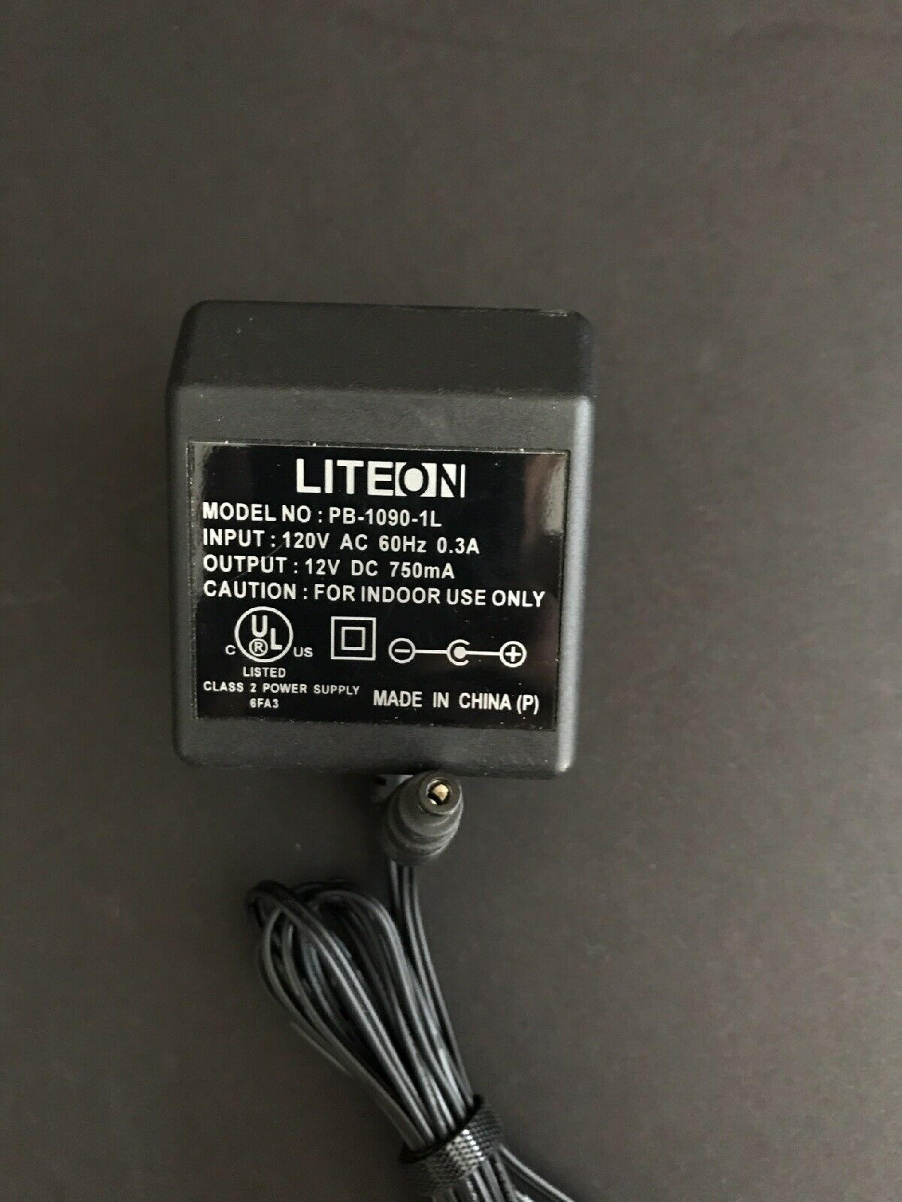 LITEON PB-1090-1L AC ADAPTER 12VDC 750MA, 6FT CABLE WITH BARREL CONNECTOR, OD:5.5MM, ID:2.35MM,WALL STYLE, NEGATIVE OUTSIDE POLE