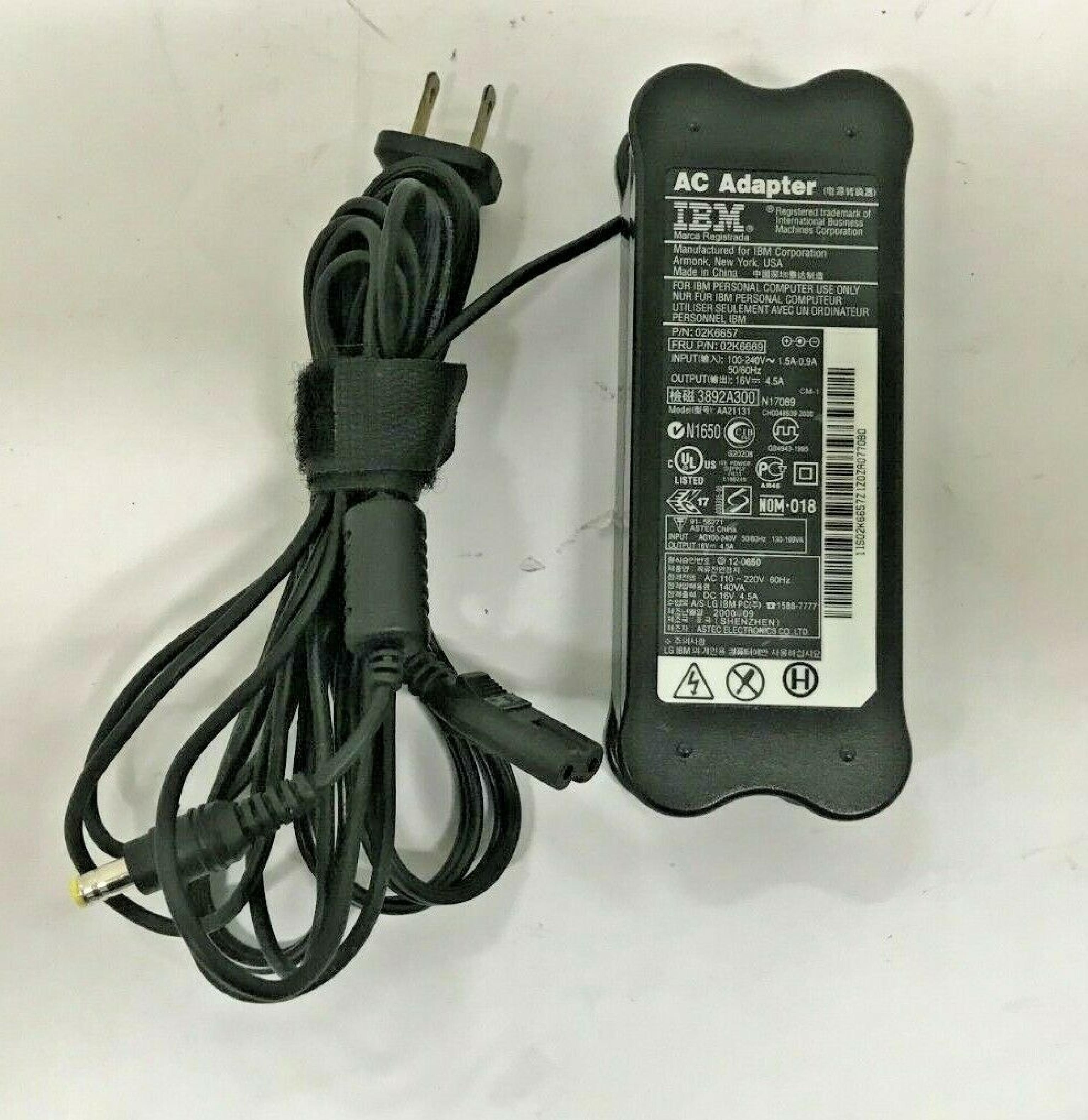 IBM 02K6669 AC ADAPTER 16VDC 4.5A, 6FT CABLE WITH BARREL CONNECTOR, OD:5.4MM, ID:2.4MM, DESKTOP STYLE, NEGATIVE OUTSIDE POLE 16V DC 4.5A CONNECTOR