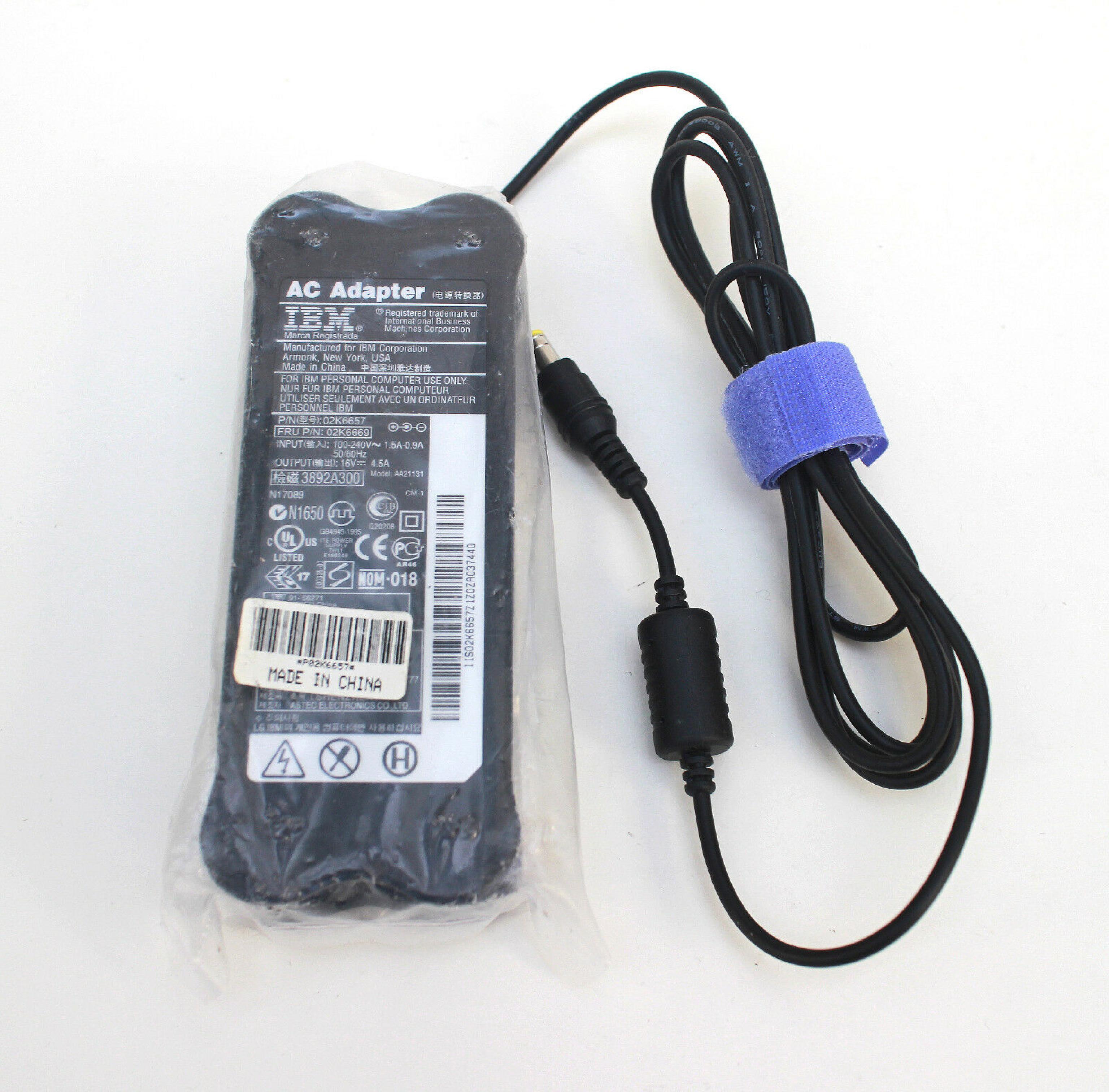 IBM 02K6669 AC ADAPTER 16VDC 4.5A, 6FT CABLE WITH BARREL CONNECTOR, OD:5.4MM, ID:2.4MM, DESKTOP STYLE, NEGATIVE OUTSIDE POLE 16V DC 4.5A CONNECTOR