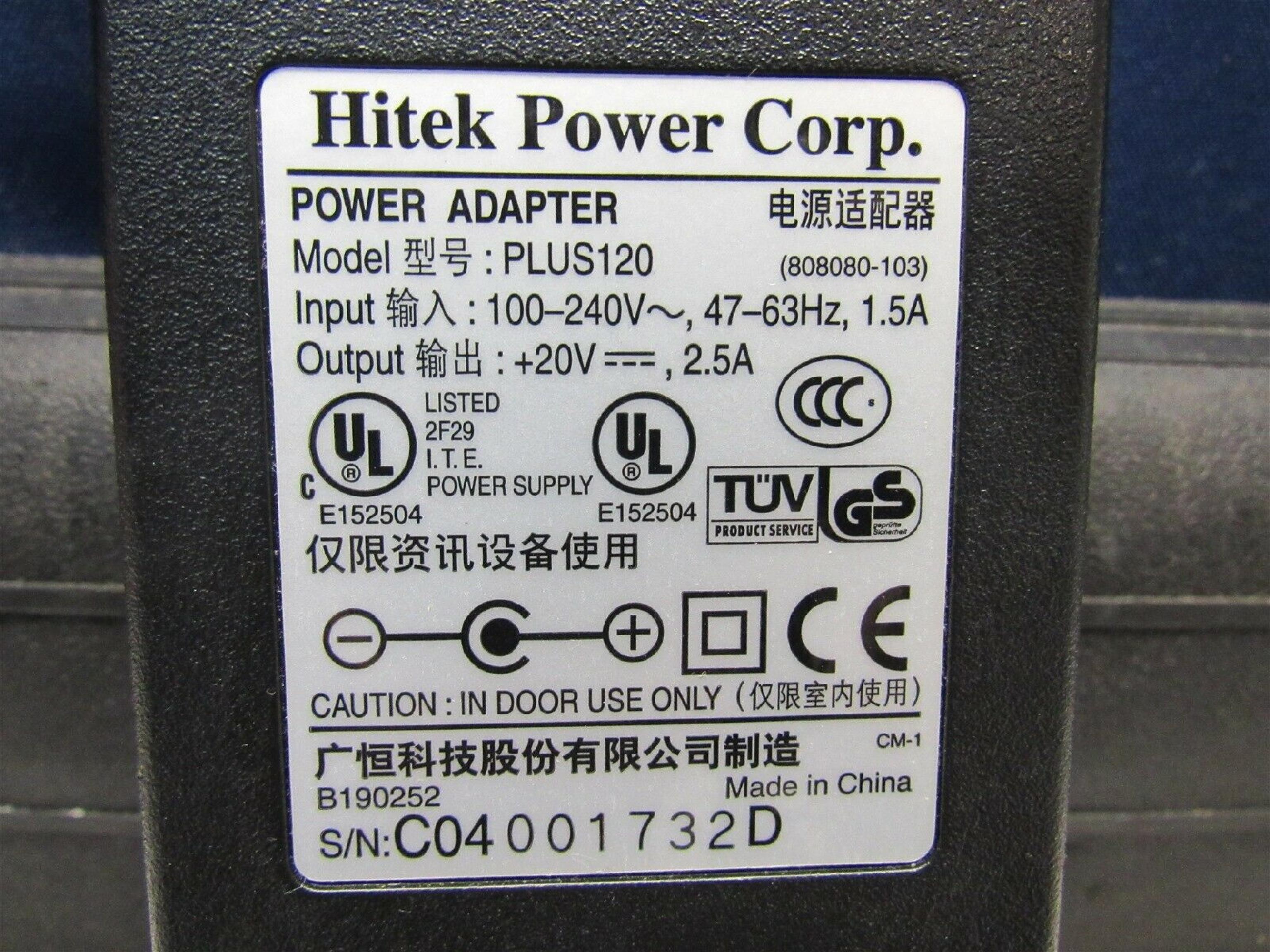 HITEK POWER CORP PLUS120 AC ADAPTER 20VDC 2.5A, 6FT CABLE WITH BARREL CONNECTOR, OD:5.5MM, ID:2.5MM, DESKTOP STYLE, NEGATIVE OUTSIDE POLE