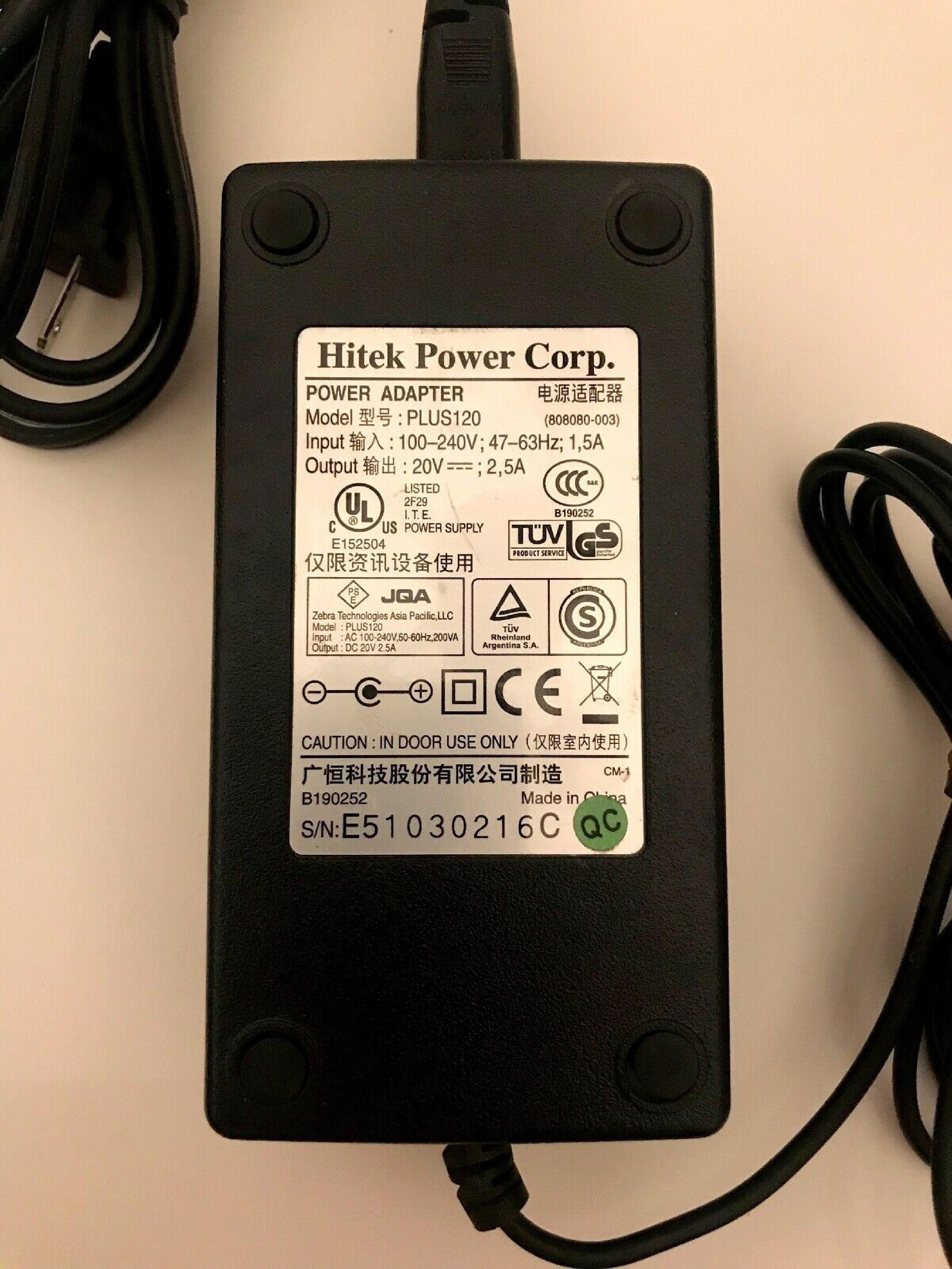 HITEK POWER CORP PLUS120 AC ADAPTER 20VDC 2.5A, 6FT CABLE WITH BARREL CONNECTOR, OD:5.5MM, ID:2.5MM, DESKTOP STYLE, NEGATIVE OUTSIDE POLE