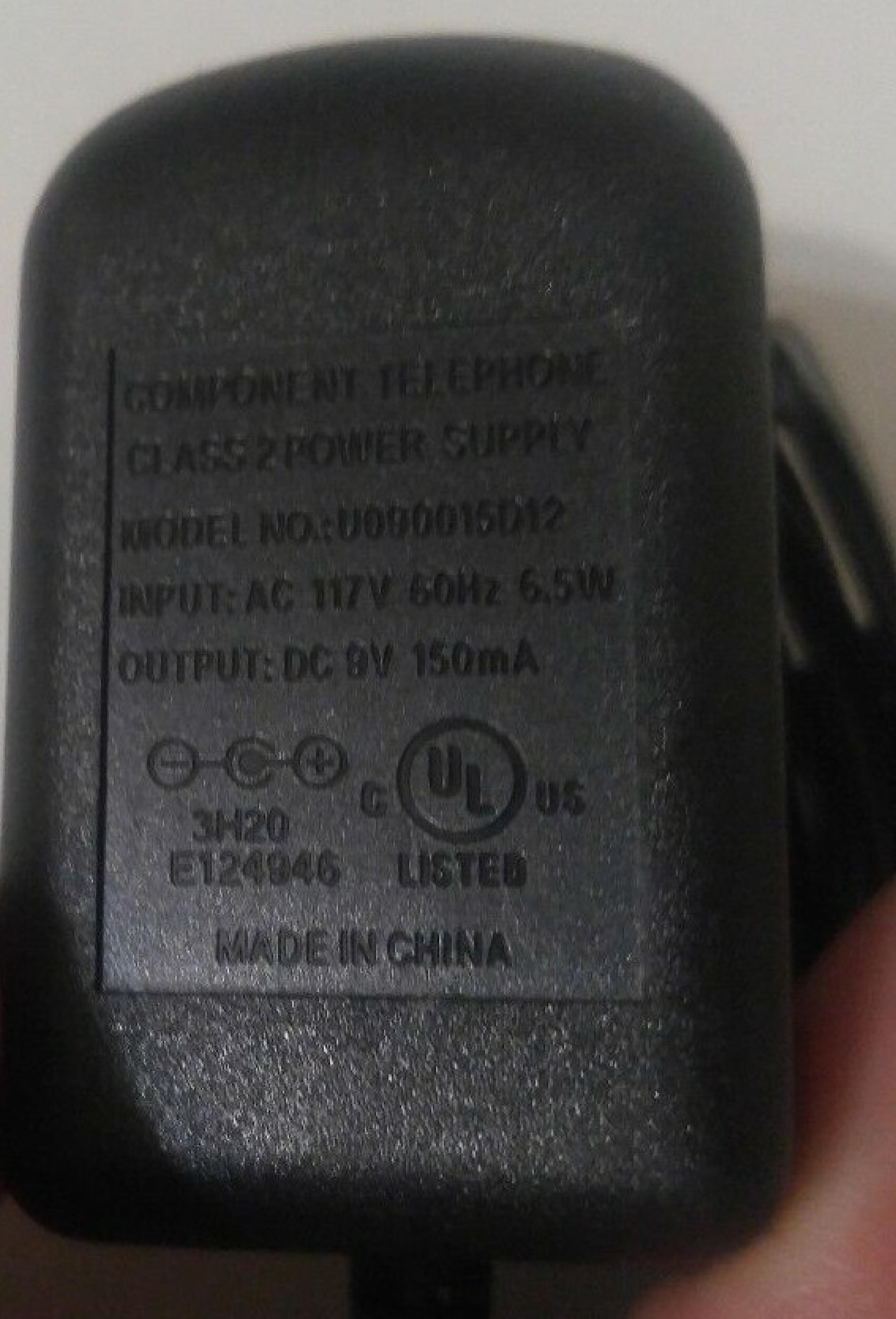 COMPONENT TELEPHONE U090015D12 AC ADAPTER 9VDC 150MA, 6FT CABLE WITH BARREL CONNECTOR, OD:5.5MM, ID:2.0MM, WALL STYLE, NEGATIVE OUTSIDE POLE