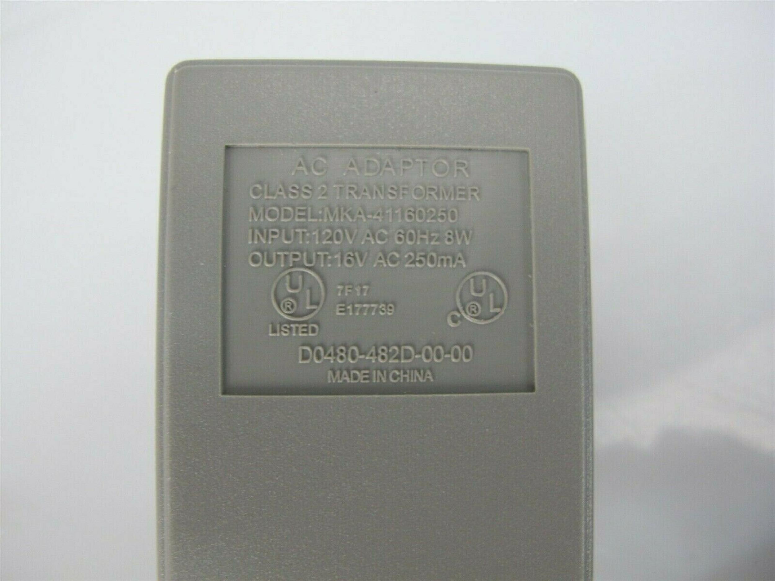 GENERIC MKA-41160250 AC ADAPTER 16VAC 250MA, 6FT CABLE WITH BARREL CONNECTOR, OD:5.5MM, ID:2.5MM, WALL STYLE