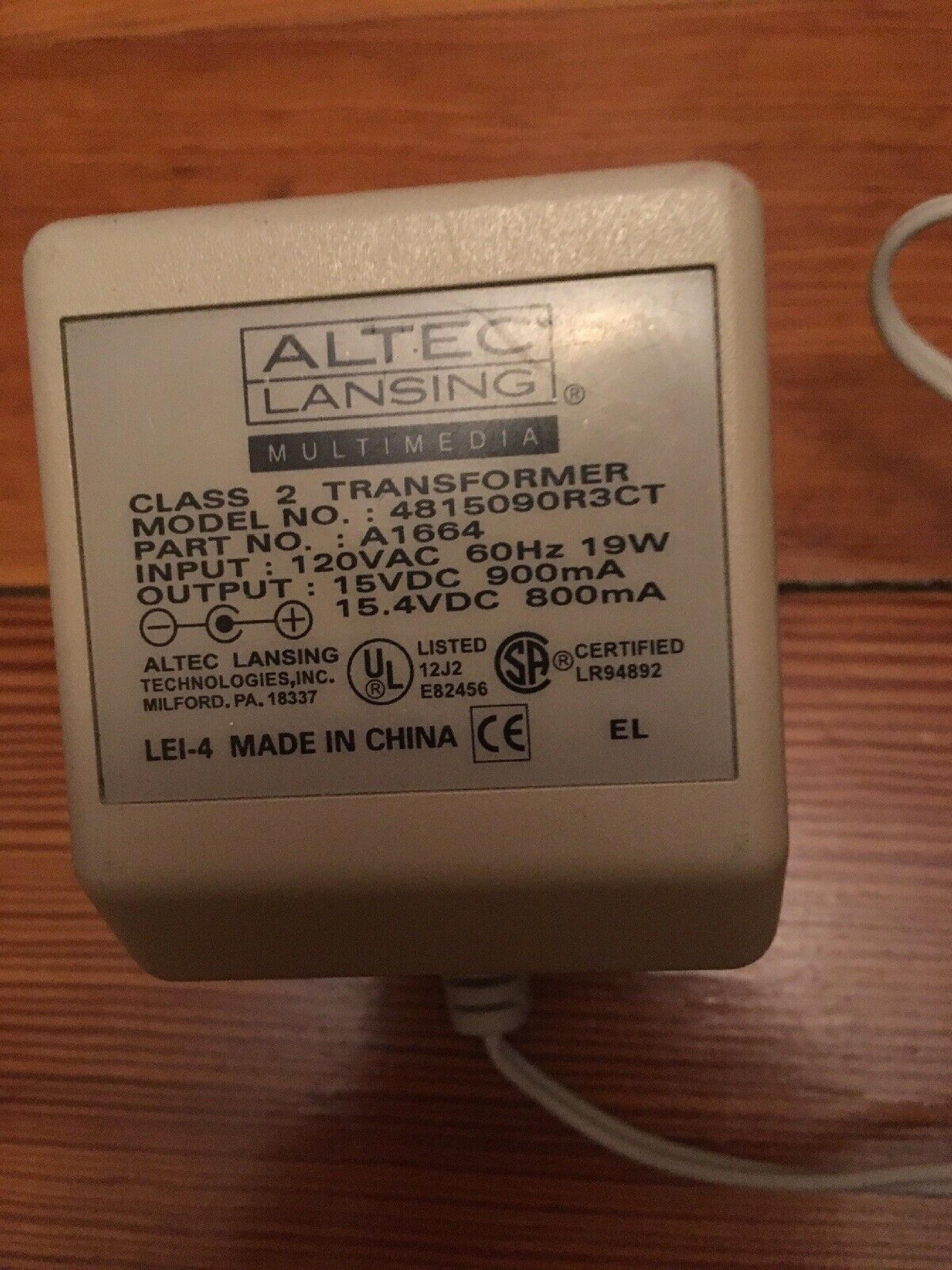 ALTEC 4815090R3CT AC ADAPTER 15VDC 900MA, 10FT CABLE WITH BARREL CONNECTOR, OD:5.5MM, ID:2.0MM, WALL STYLE, NEGATIVE OUTSIDE POLE