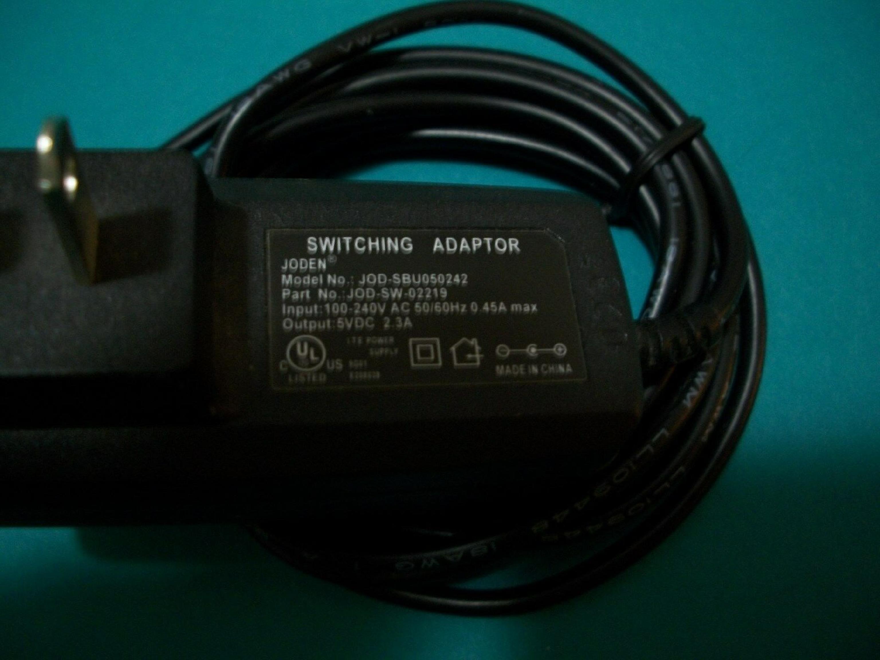 JODEN JOD-SBU050242 AC ADAPTER 5VDC 2.4A, 6FT CABLE WITH BARREL CONNECTOR, OD:3.5MM, ID:1.2MM, WALL STYLE, NEGATIVE OUTSIDE POLE