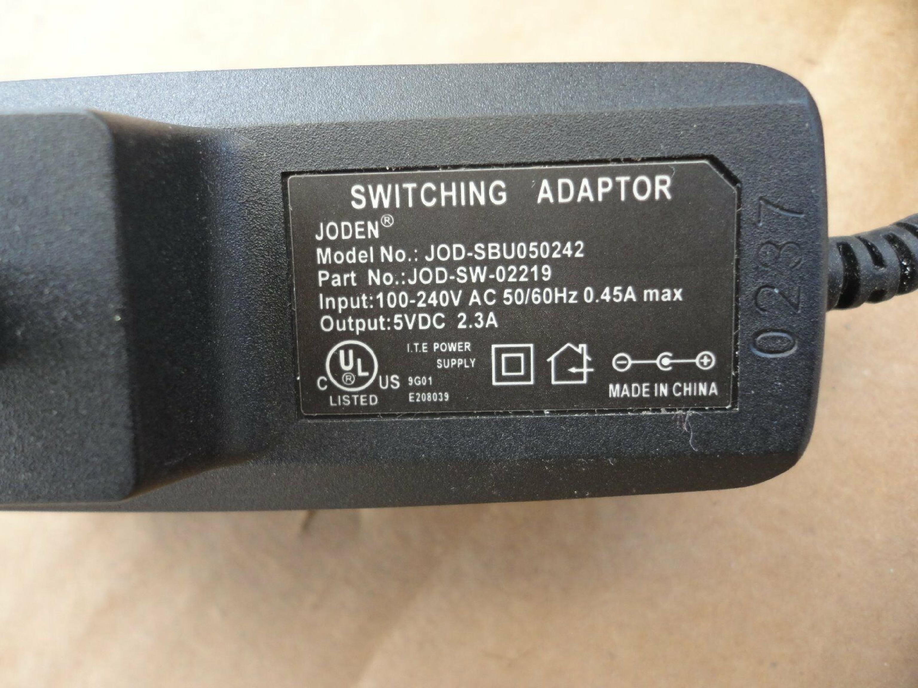 JODEN JOD-SBU050242 AC ADAPTER 5VDC 2.4A, 6FT CABLE WITH BARREL CONNECTOR, OD:3.5MM, ID:1.2MM, WALL STYLE, NEGATIVE OUTSIDE POLE