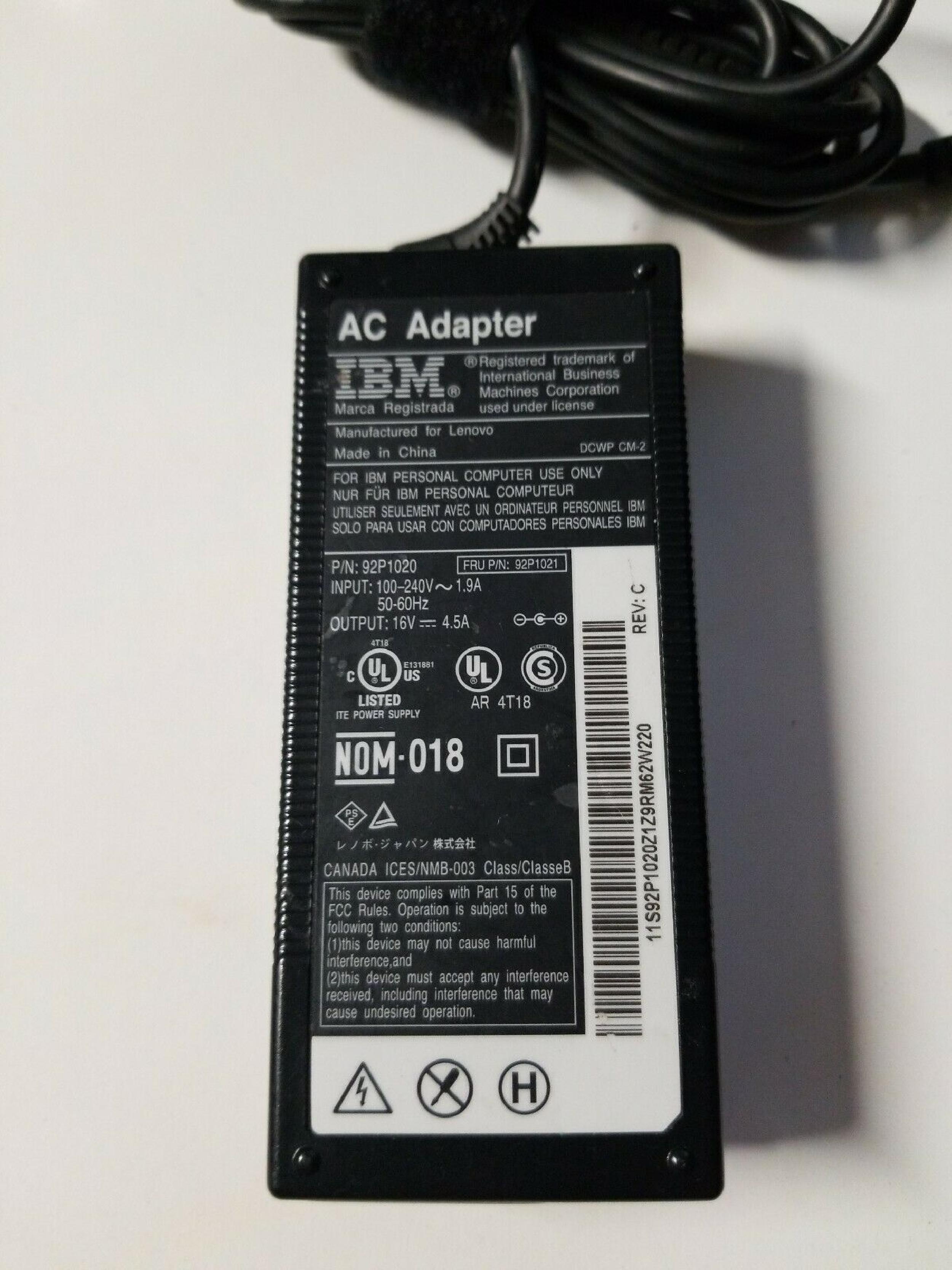 IBM 92P1020 16V DC 4.5A AC ADAPTER FOR LENOVO WITH BARREL CONNECTOR