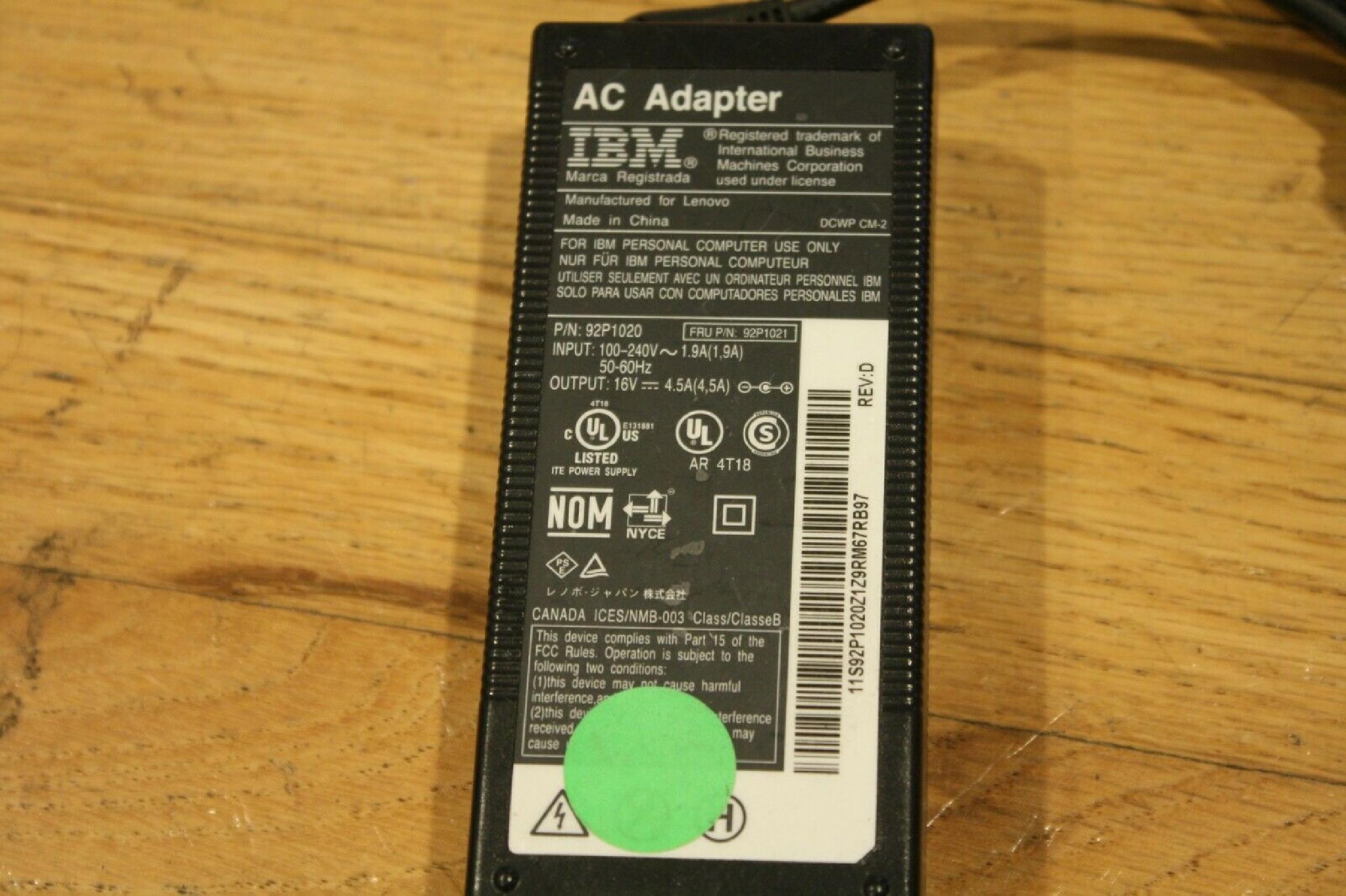 IBM 92P1020 16V DC 4.5A AC ADAPTER FOR LENOVO WITH BARREL CONNECTOR