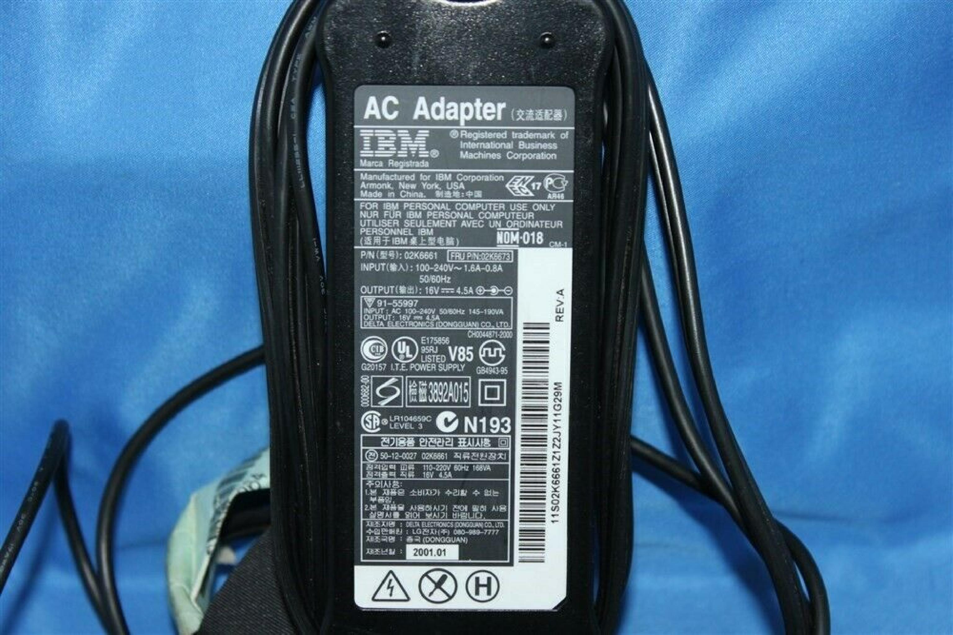 IBM 02K6673 16V DC 4.5A AC ADAPTER WITH BARREL CONNECTOR 16VDC 5.5MM OD, 2.5MM ID