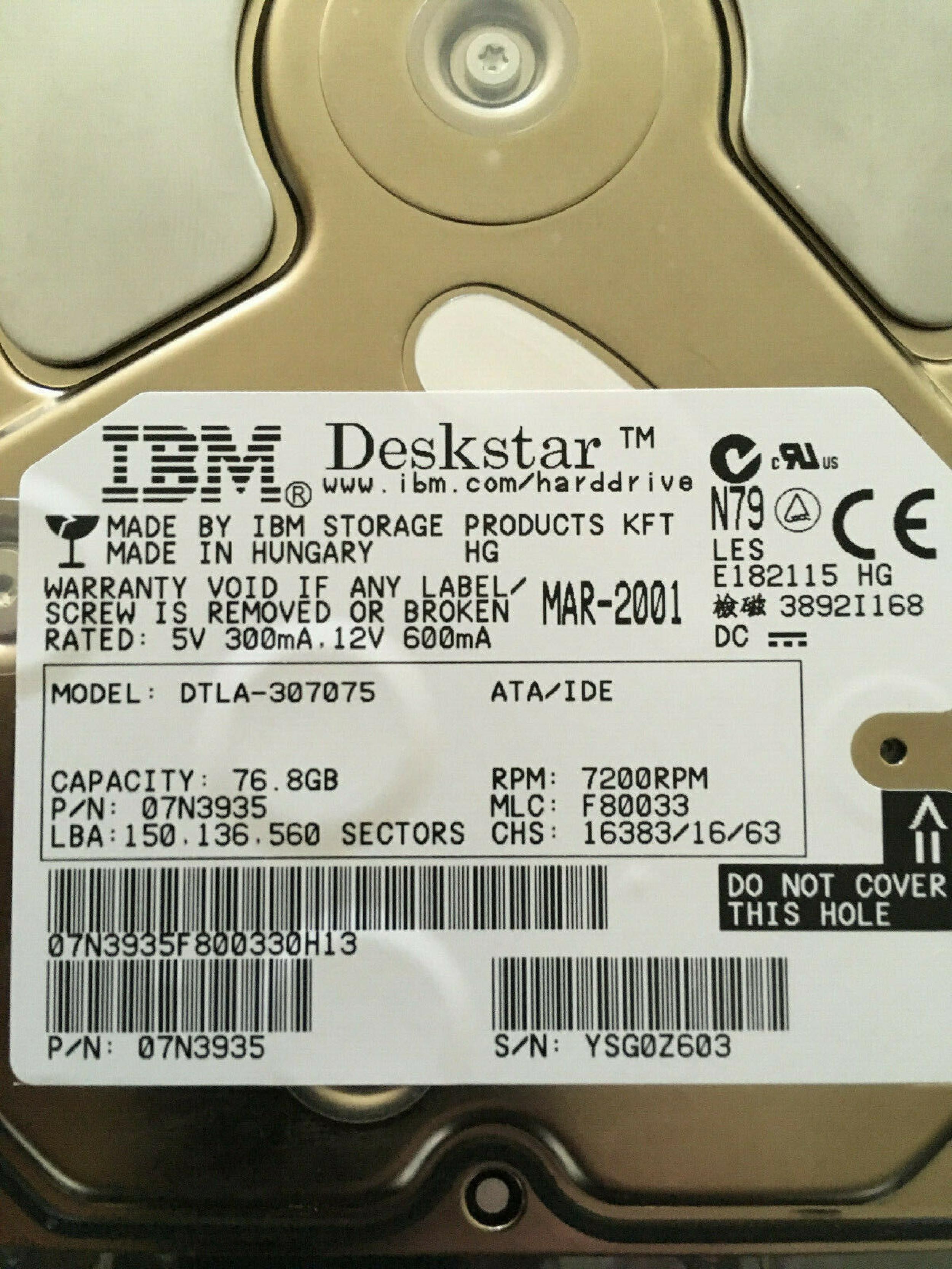 IBM DTLA-307075 76.8GB ATA IDE 7200RPM HARD DRIVE OCT-2000 MLC: F80033