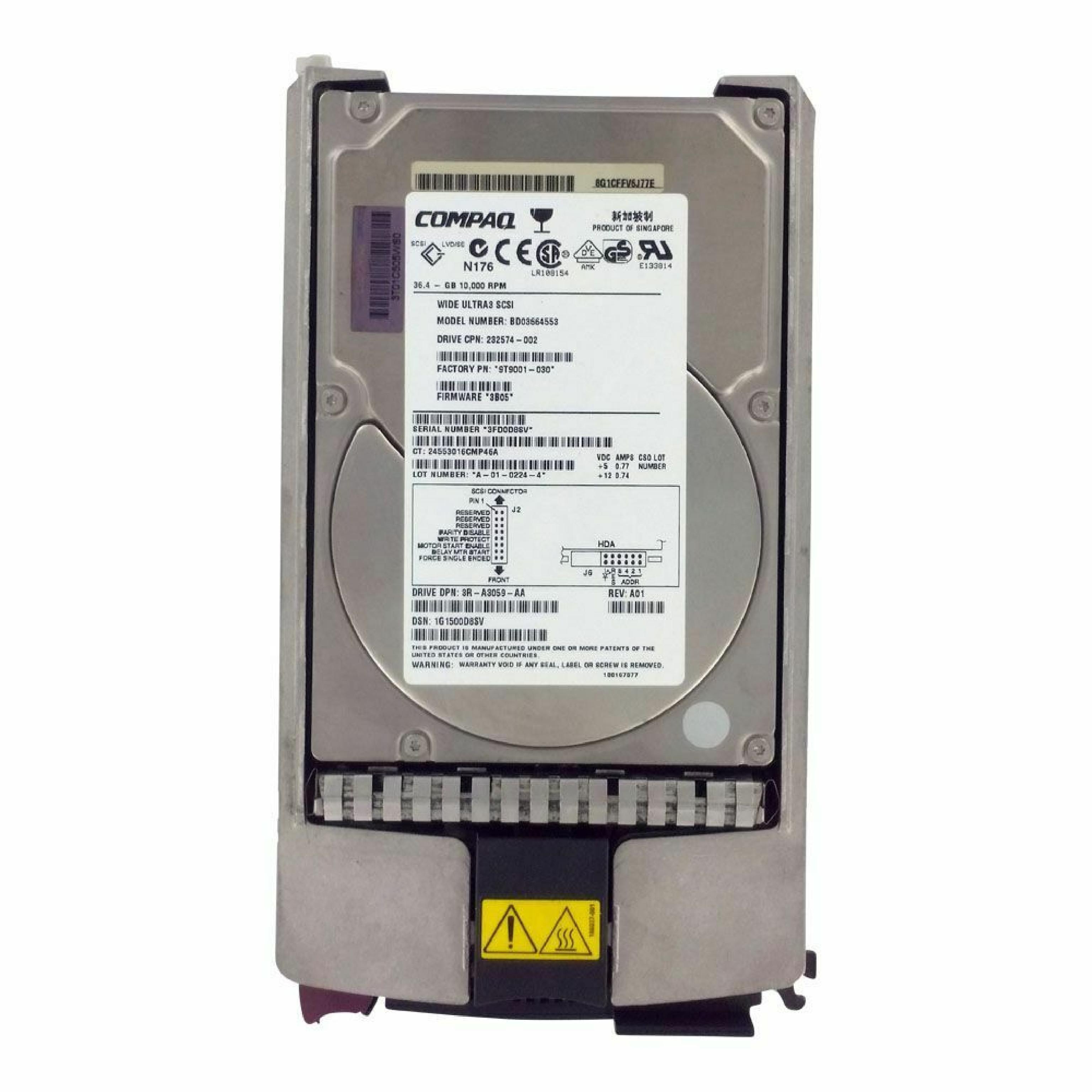 COMPAQ / HEWLETT PACKARD / HP 3R-A3059-AA 36.4 GB SCSI HARD DRIVE 10K RPM FIRMWARE:3B08 REV:A01 36.4GB 3.5INCH SCA LVD/SE HOT-SWAP 320 MBPS 80-PIN