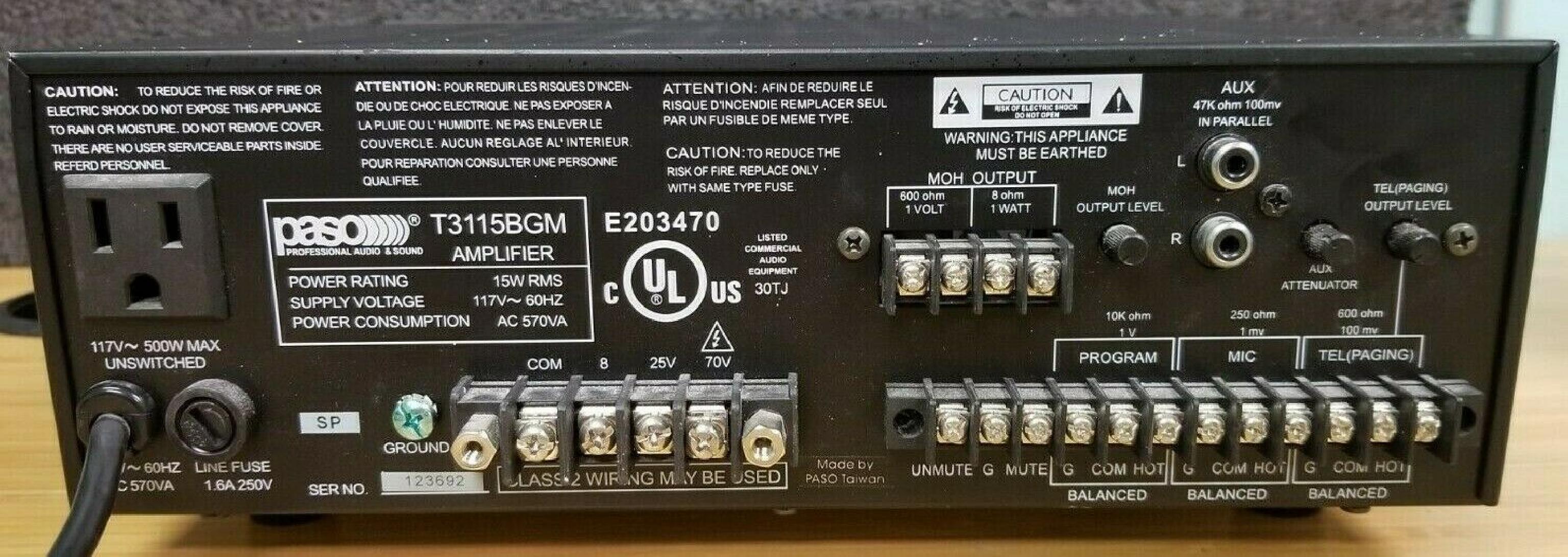 PASO T3115BGM 15 WATT PA AMPLIFIER 1 MIC 2 AUX PORTS