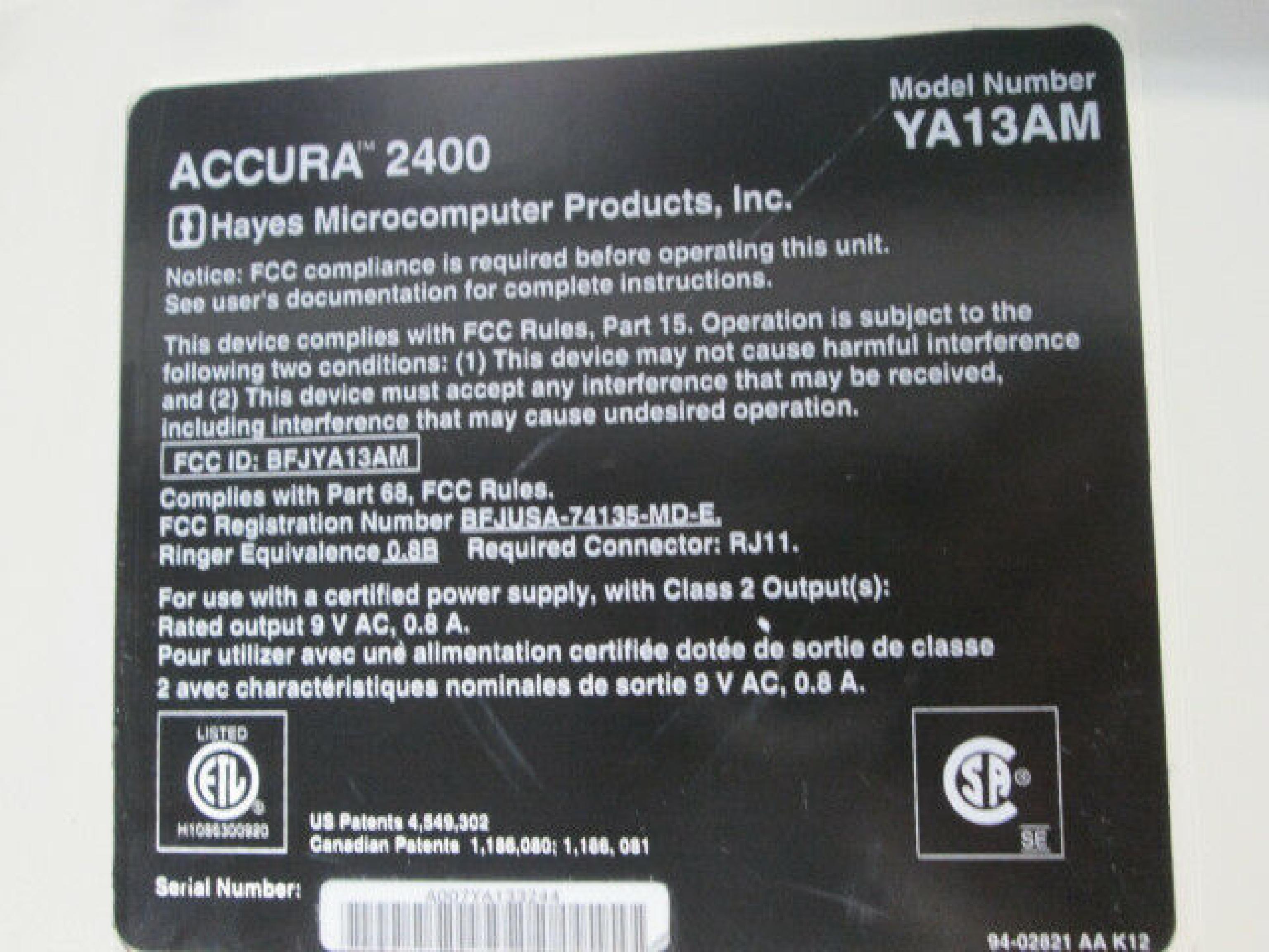 HAYES YA13AM ACCURA 2400 EXTERNAL MODEM