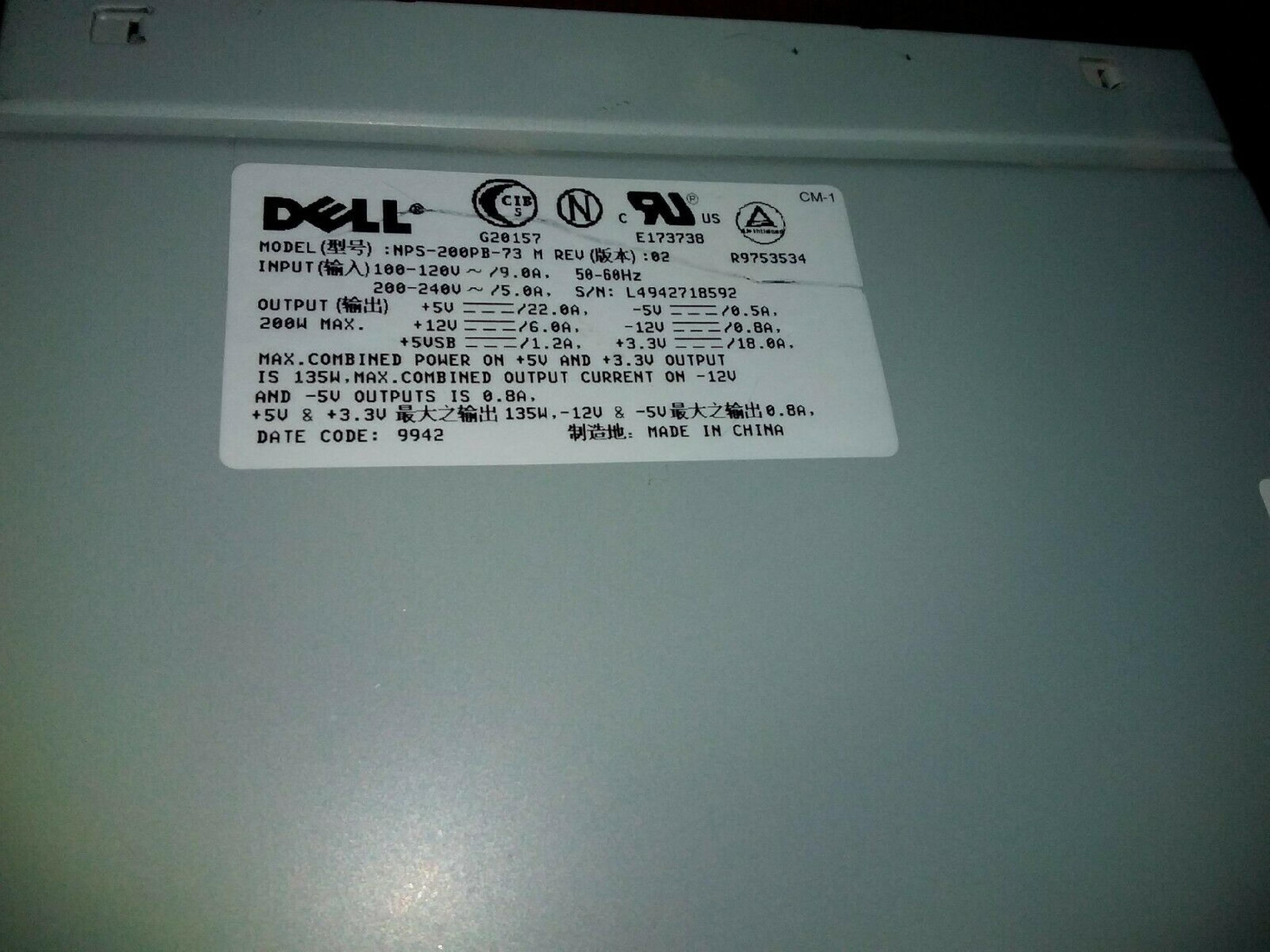 DELL / DELTA ELECTRONICS INC 0009228C 200W POWER SUPPLY FOR GX1 OPTIPLEX