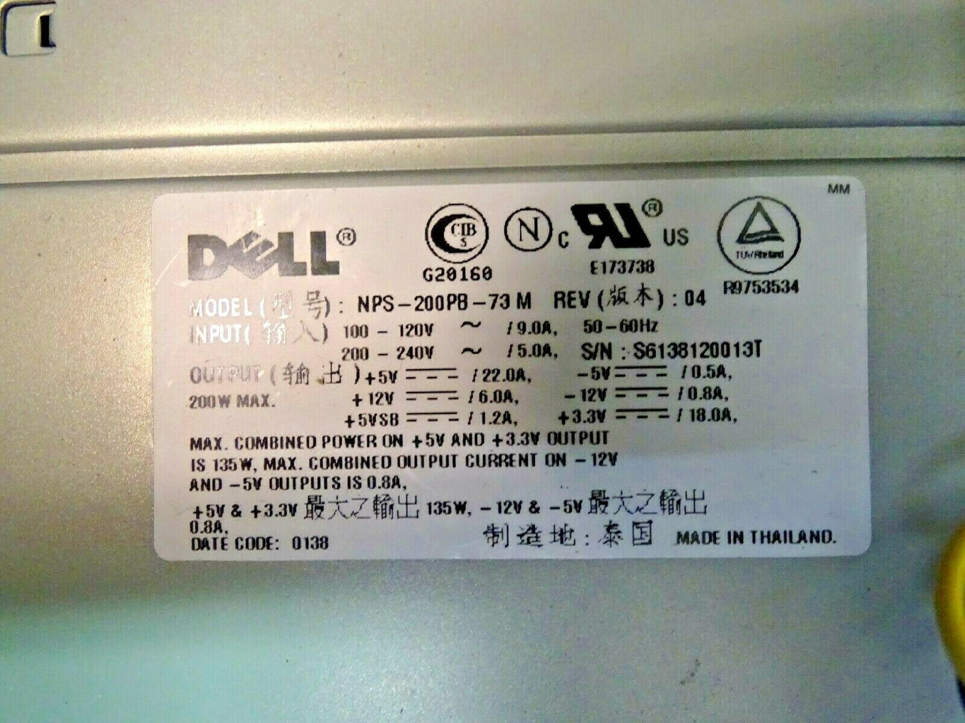 DELL / DELTA ELECTRONICS INC 09228C 200W POWER SUPPLY FOR GX1 OPTIPLEX