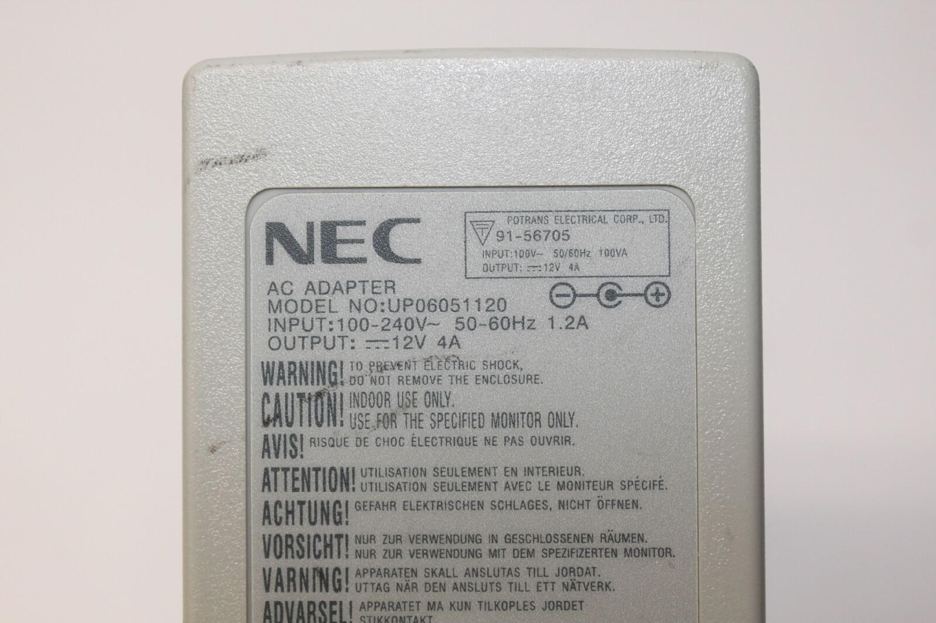 NEC UP06051120 AC ADAPTER 12VDC 4A WITH OD: 5.5MM ID: 2.0MM DESKTOP STYLE INSIDE POLE POSITIVE