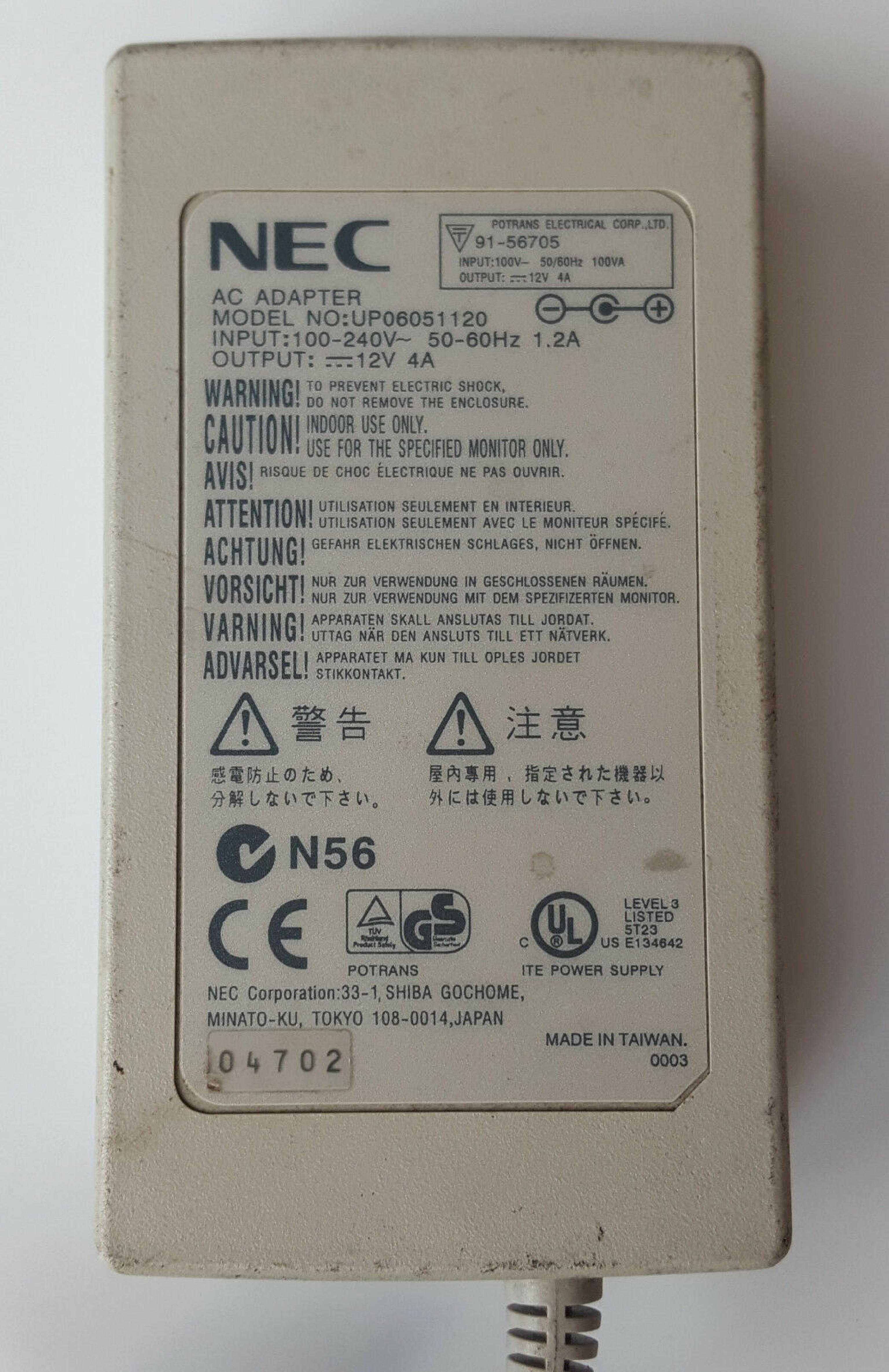 NEC UP06051120 AC ADAPTER 12VDC 4A WITH OD: 5.5MM ID: 2.0MM DESKTOP STYLE INSIDE POLE POSITIVE