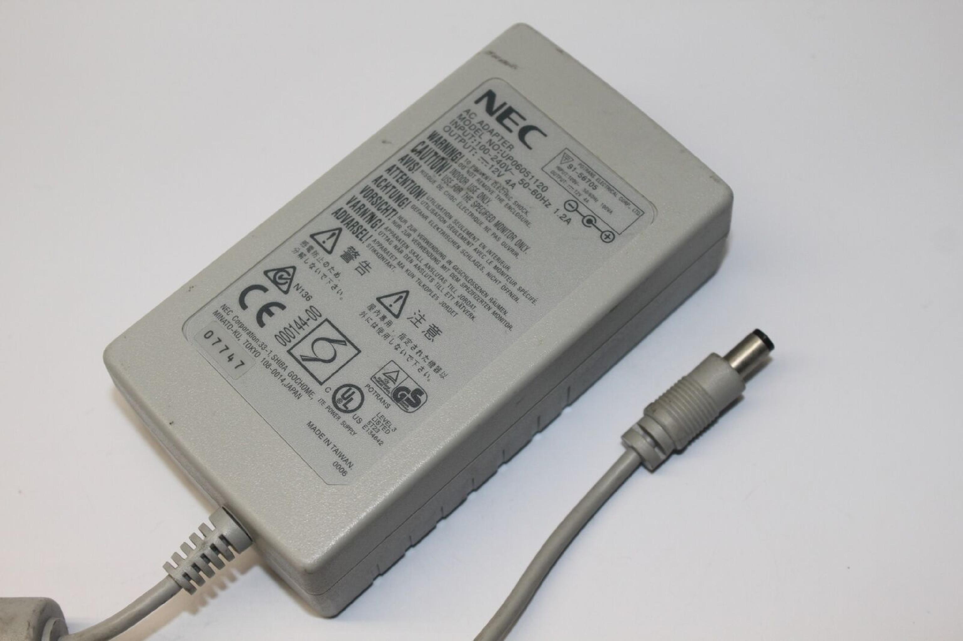 NEC UP06051120 AC ADAPTER 12VDC 4A WITH OD: 5.5MM ID: 2.0MM DESKTOP STYLE INSIDE POLE POSITIVE